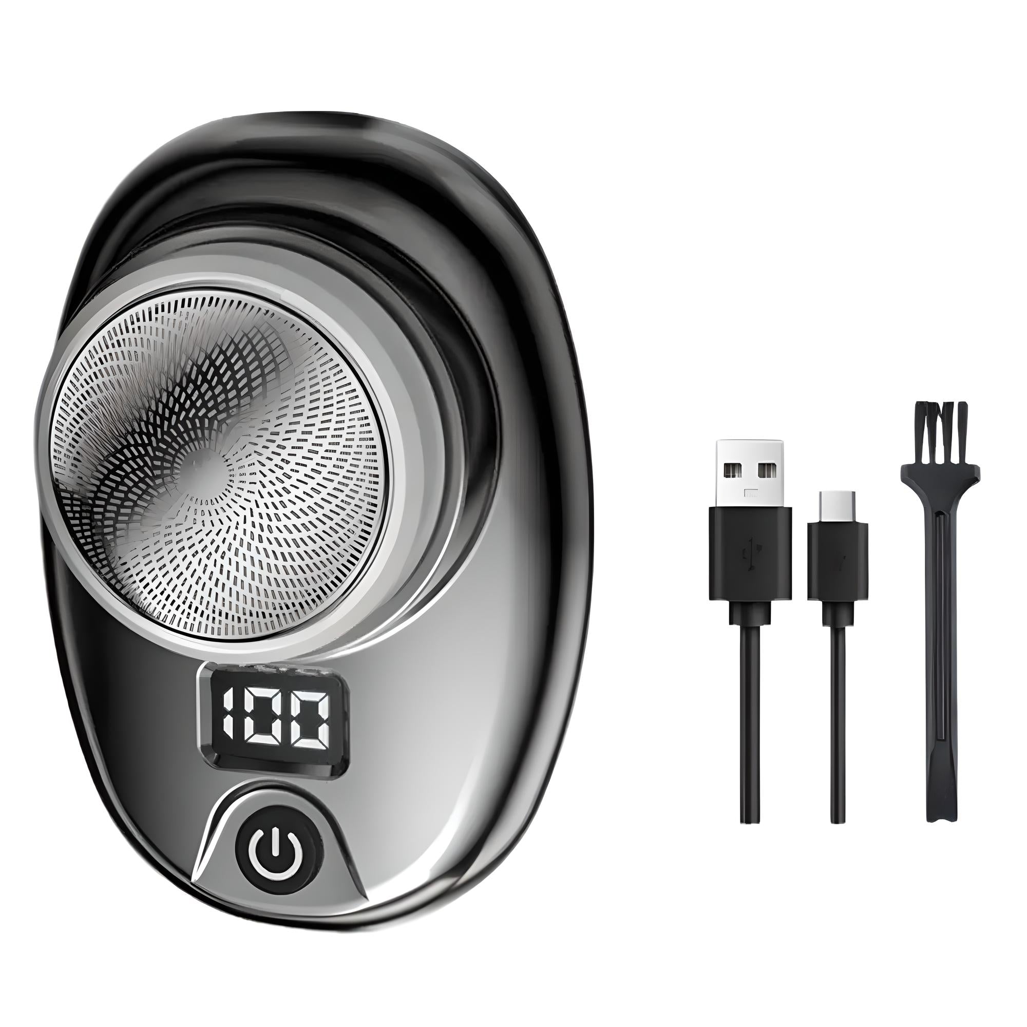Elektrischer Rasierer schwarz, USB-Ladekabel, Reinigungsbürste, LED-Anzeige, tragbar.
