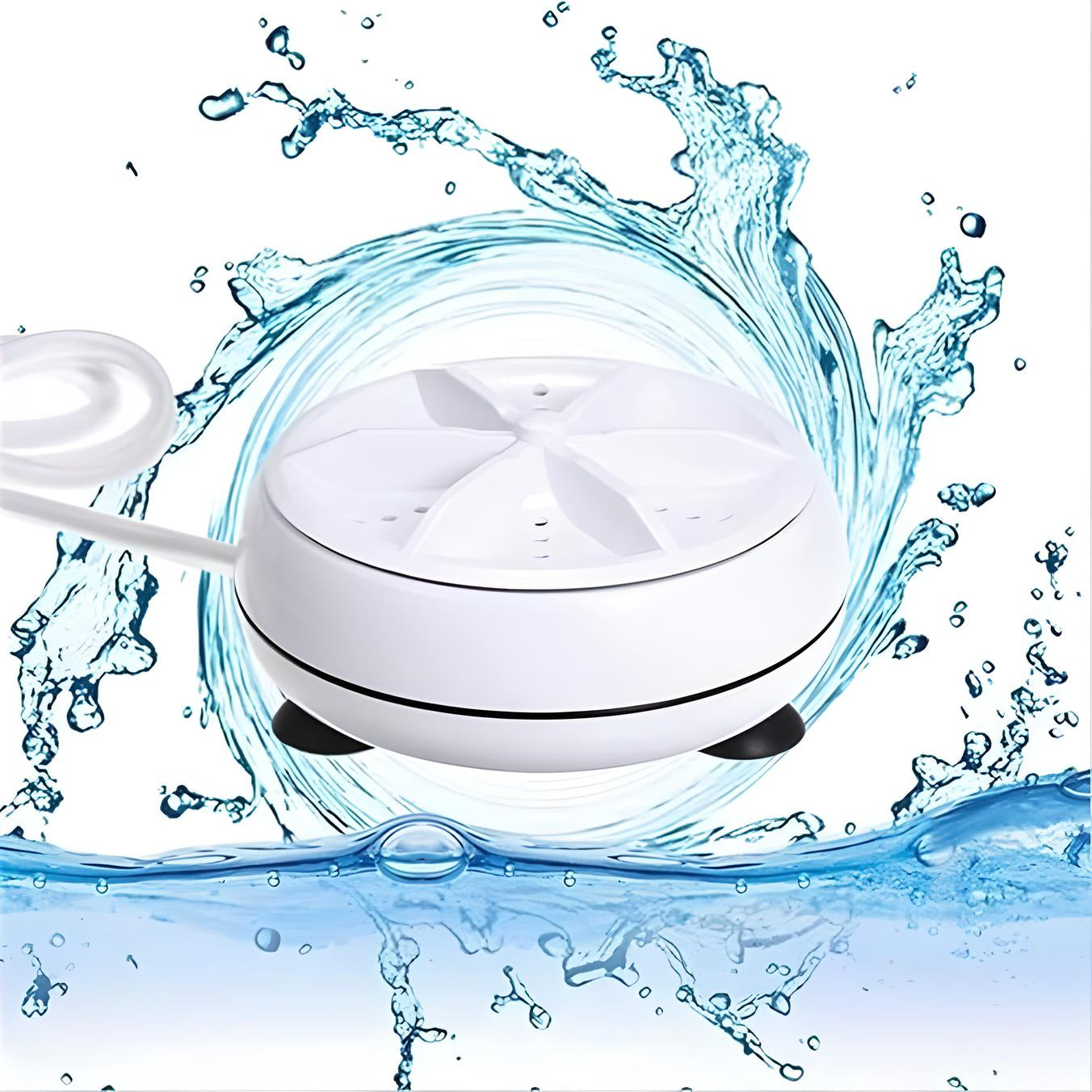 Weißer Mini-Waschmaschine, tragbar, kompakt, mit Wasserhintergrund, ideal für Reisen.