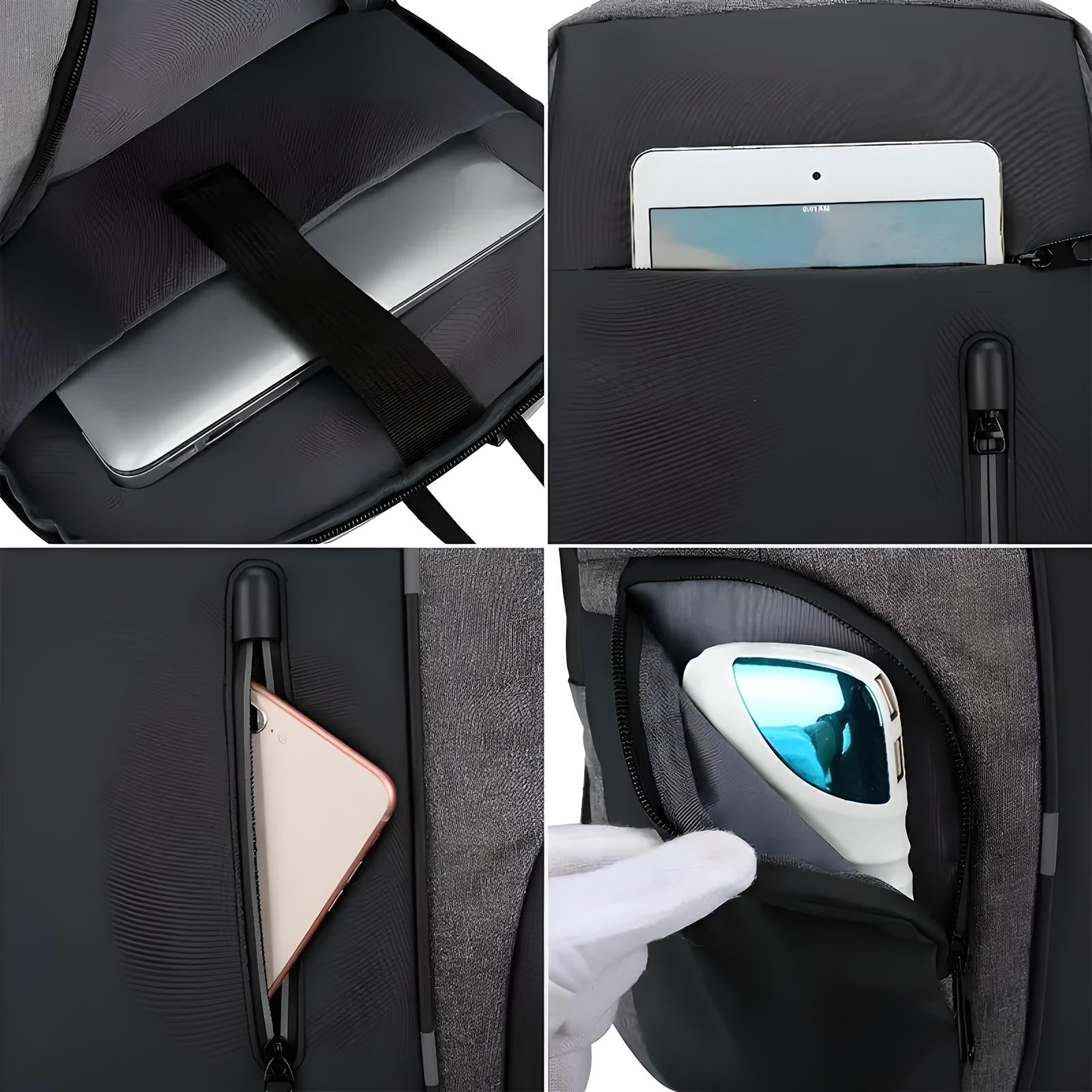 Rucksack mit Laptopfach, Diebstahlschutz, USB-Anschluss, schwarz, ideal für Reisen und Arbeit.