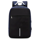 Schwarzer und blauer Laptop-Rucksack, diebstahlsicher, mit USB-Anschluss, für Reisen und Arbeit.