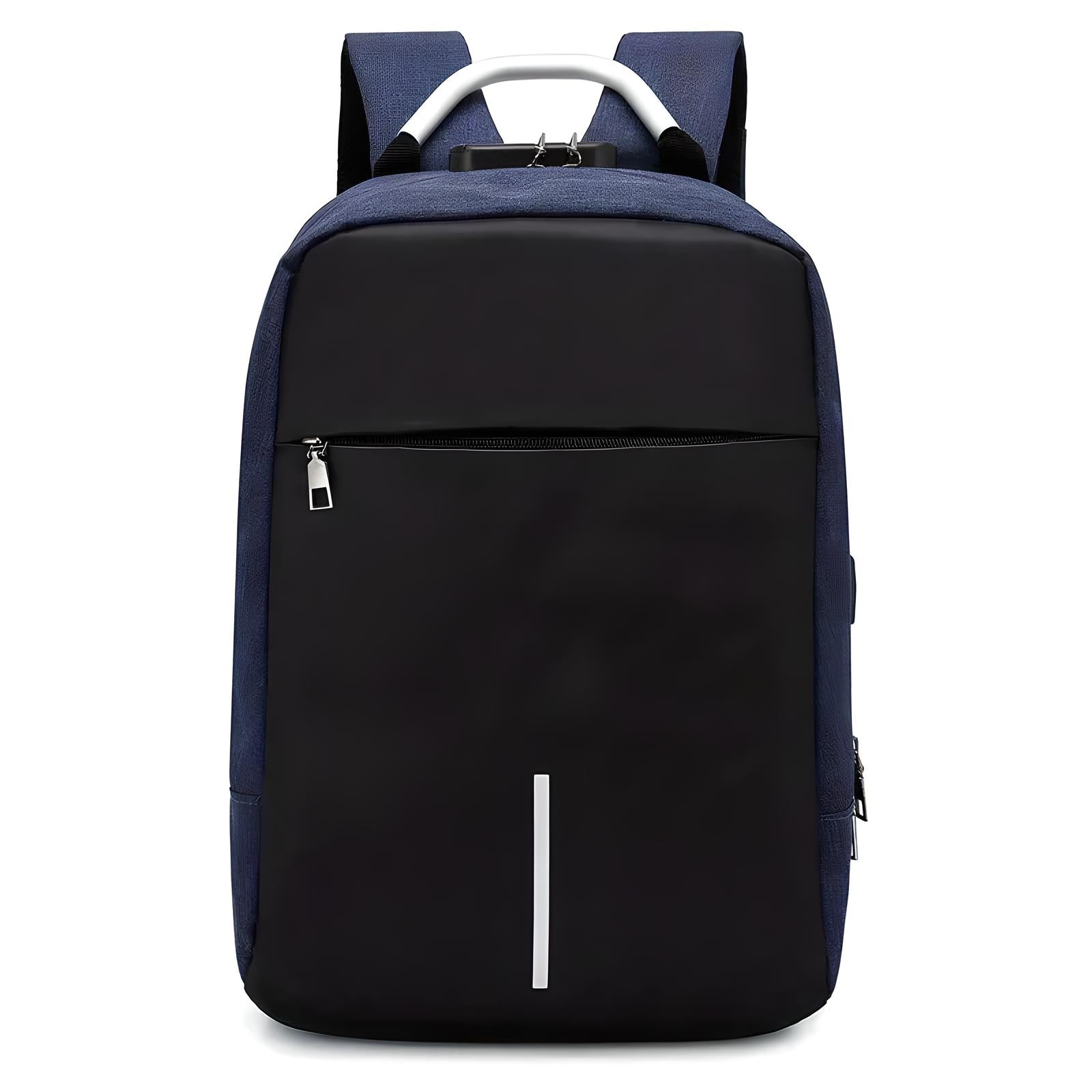 Schwarzer und blauer Laptop-Rucksack, diebstahlsicher, mit USB-Anschluss, für Reisen und Arbeit.