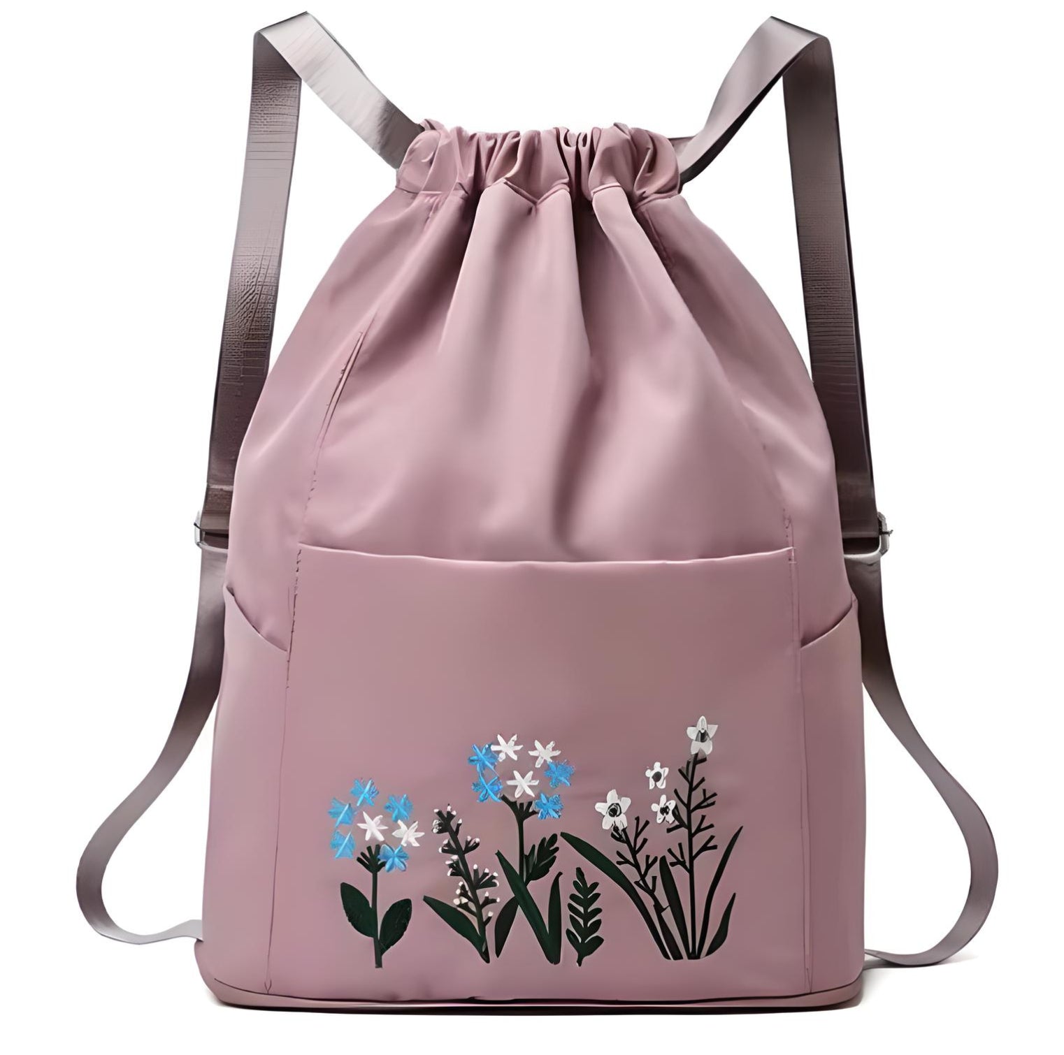 Rosa Rucksack mit Blumenmuster, Kordelzug, verstellbare Träger, modisch, praktisch.