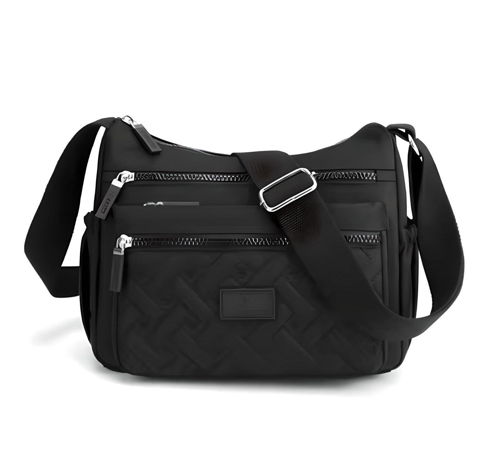 Schwarze Umhängetasche aus Nylon mit Reißverschlüssen, verstellbarem Gurt, stilvolles Design.