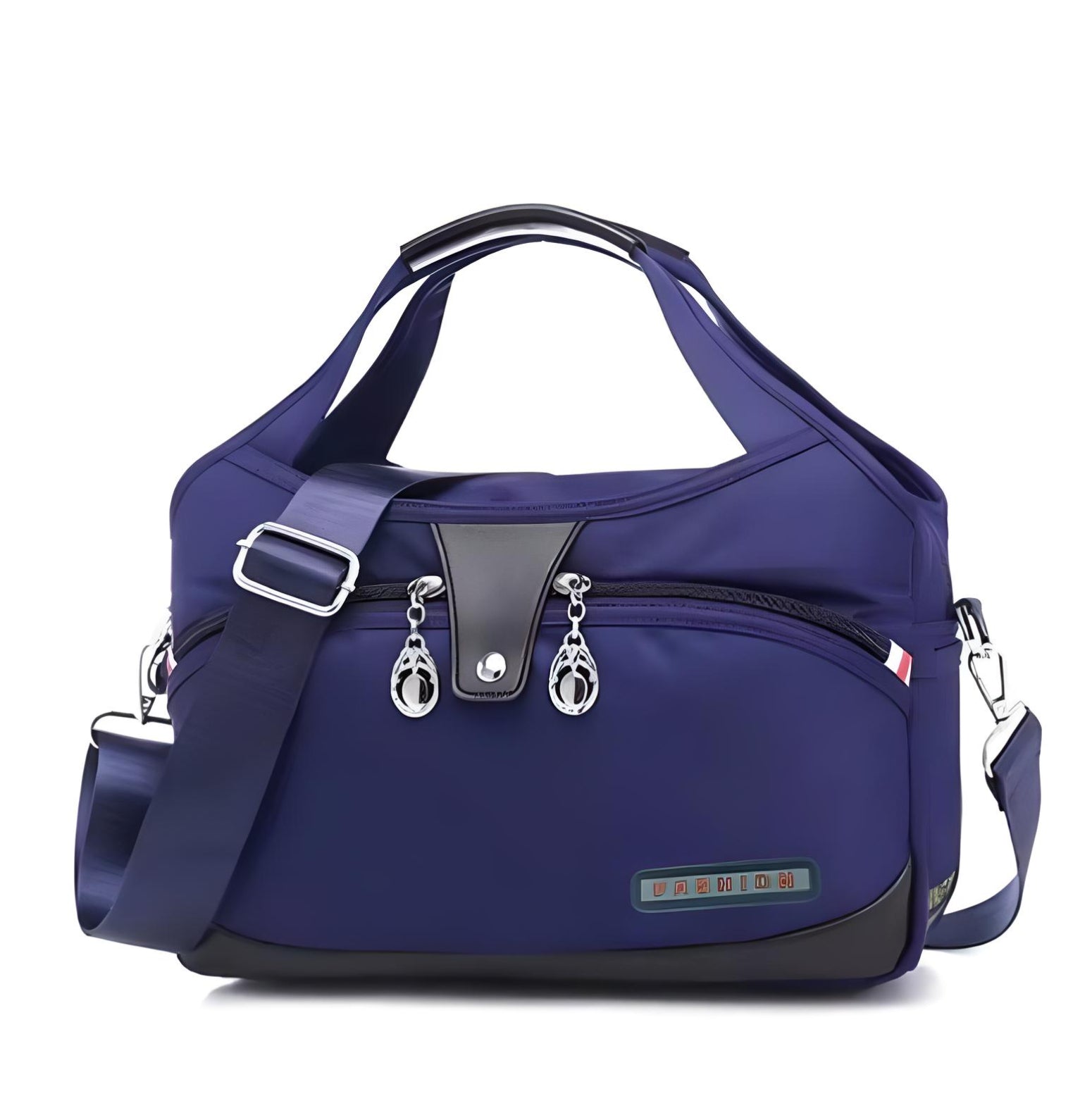 Dunkelblaue Umhängetasche aus Nylon mit Reißverschlüssen, ideal für Reisen und Alltag.