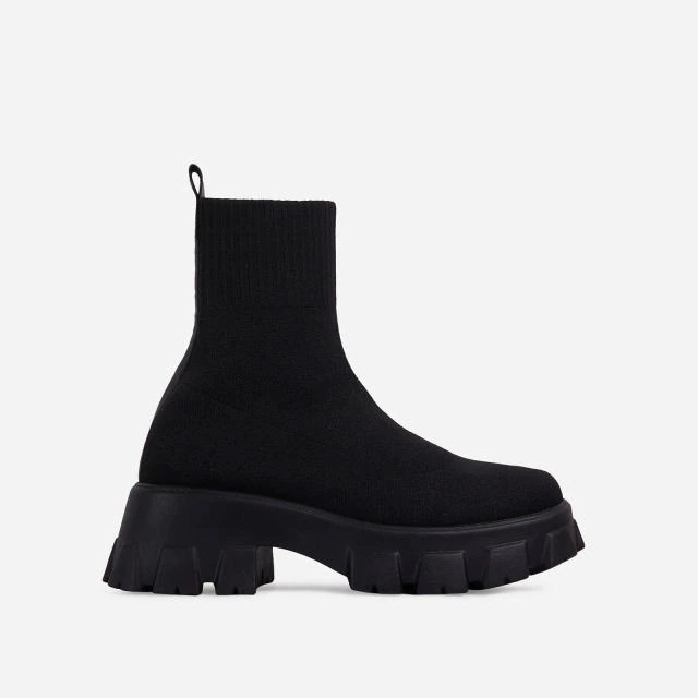 Schwarze Chunky-Sohle Plattform Sock Boots für Damen, mittelhoch, dehnbares Material, ideal für Herbst und Winter, modische Chelsea-Biker-Stiefeletten.