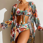 Damen-Bikini-Set mit Blumenmuster, hohe Taille, Mesh-Bluse, langärmelig, bunt.
