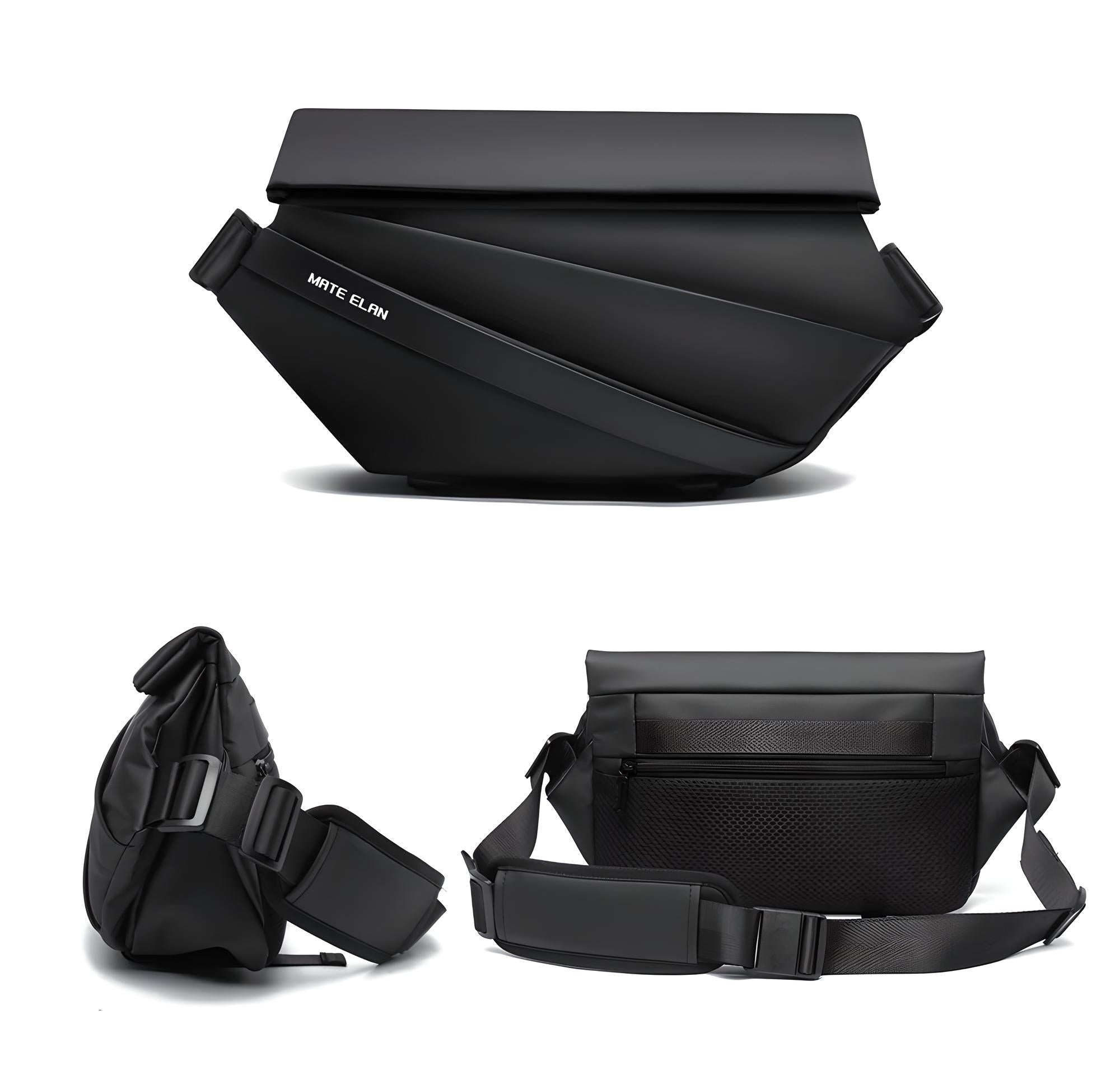 Schwarze Umhängetasche, modernes Design, wasserdicht, verstellbarer Gurt, Unisex.