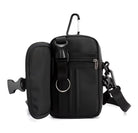 Schwarze Umhängetasche aus Nylon mit Reißverschluss und Karabinerhaken, ideal für Reisen.
