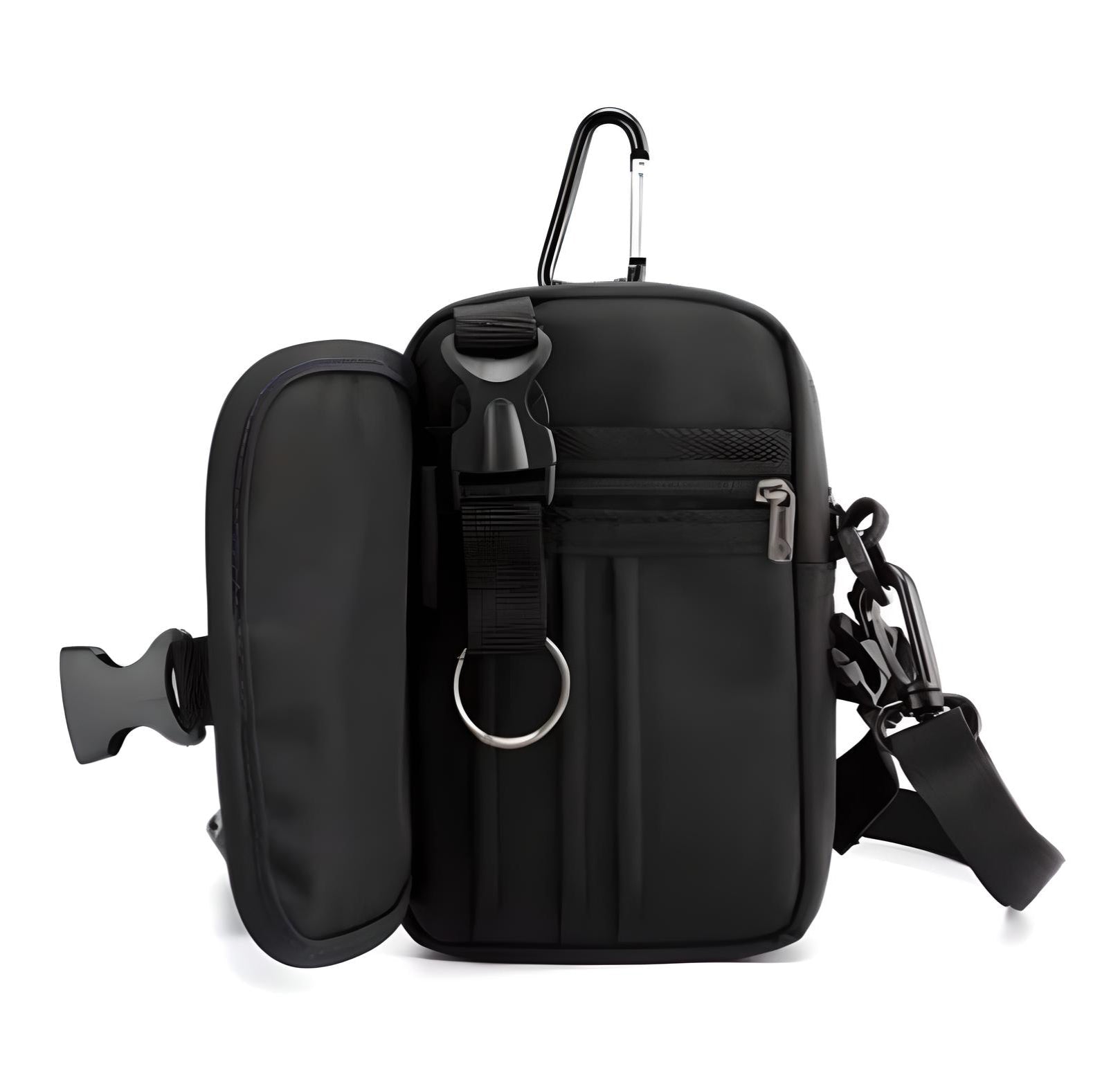 Schwarze Umhängetasche aus Nylon mit Reißverschluss und Karabinerhaken, ideal für Reisen.