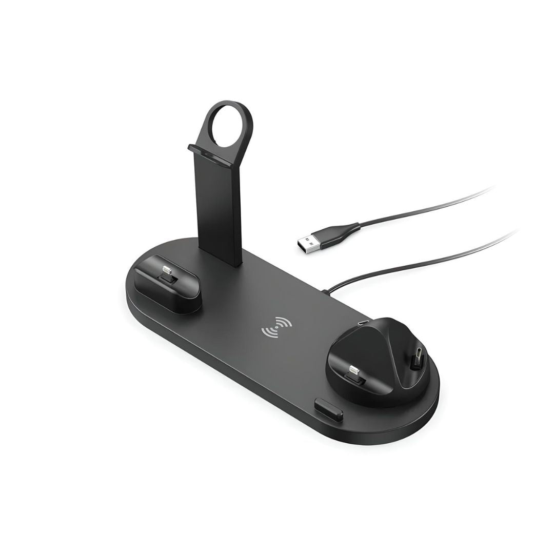 Schwarze kabellose Ladestation für Controller, USB-Anschluss, modernes Design, Gaming-Zubehör.
