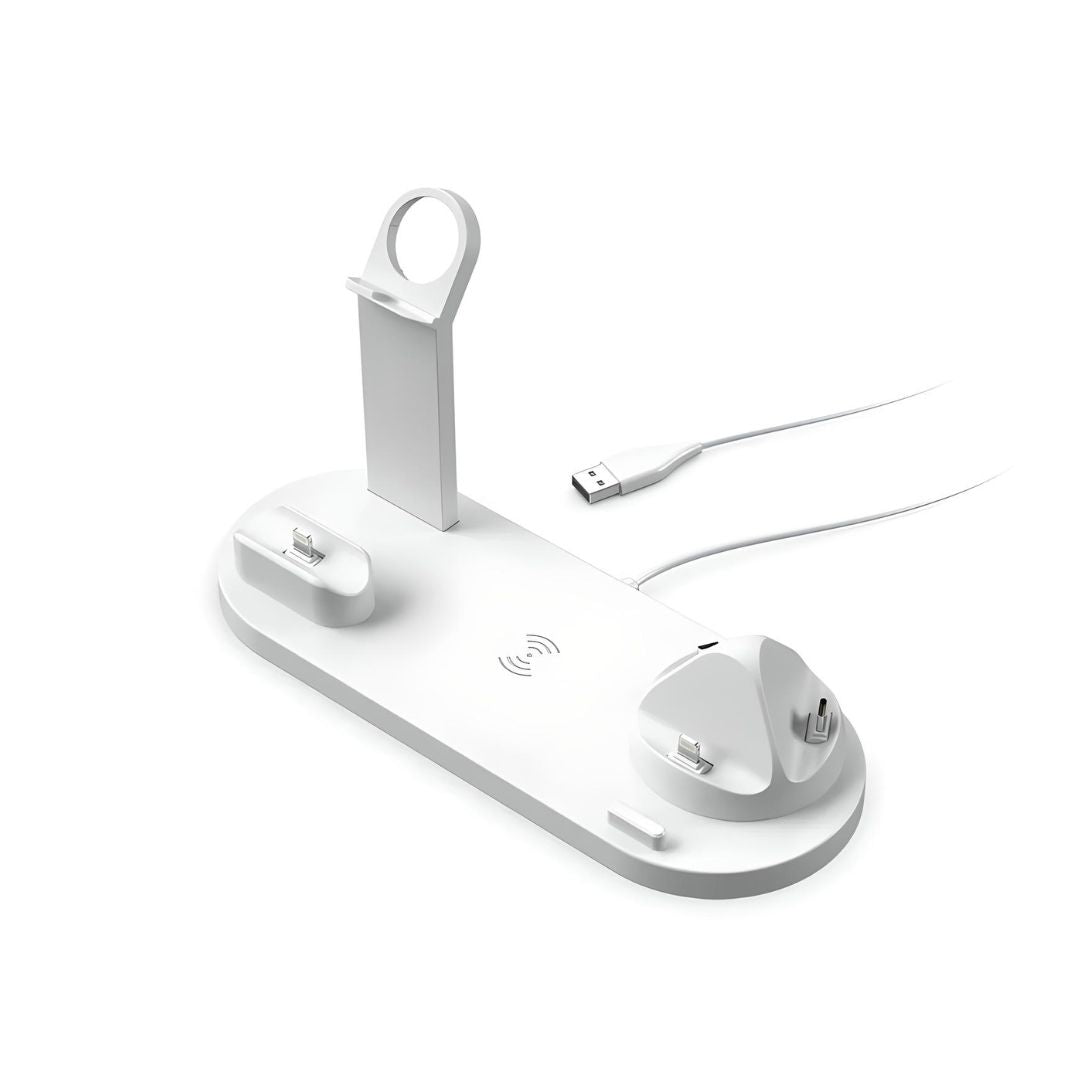 Weißes kabelloses Ladegerät für mehrere Geräte mit USB-Anschluss, modern und kompakt.
