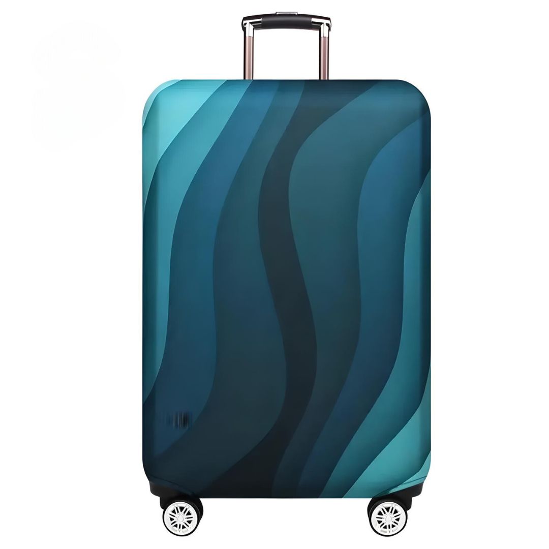 Blauer Hartschalenkoffer mit Wellenmuster, Teleskopgriff und Rollen, Reisegepäck.