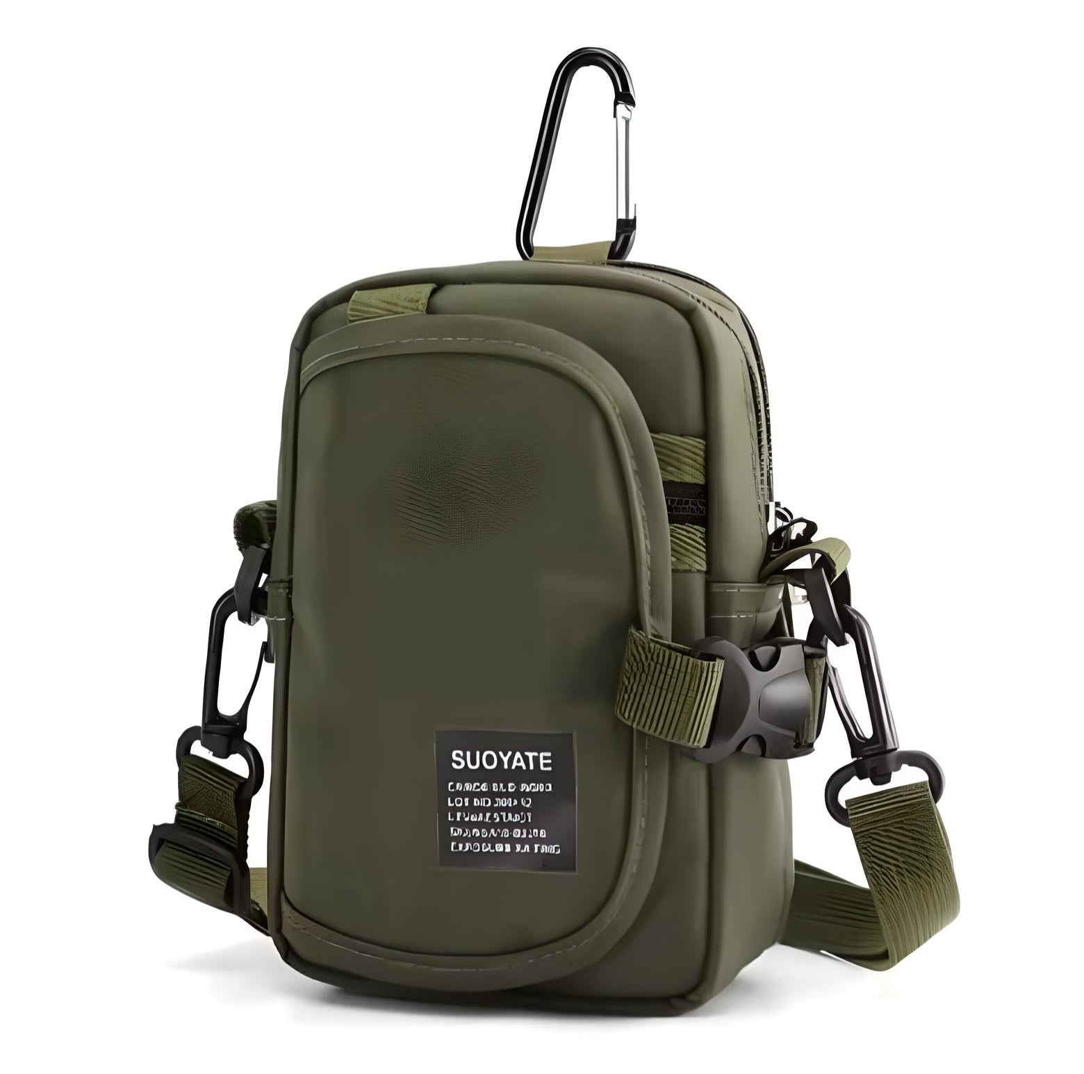 Olivgrüne Umhängetasche mit Karabinerhaken, verstellbarem Gurt, ideal für Outdoor-Aktivitäten.