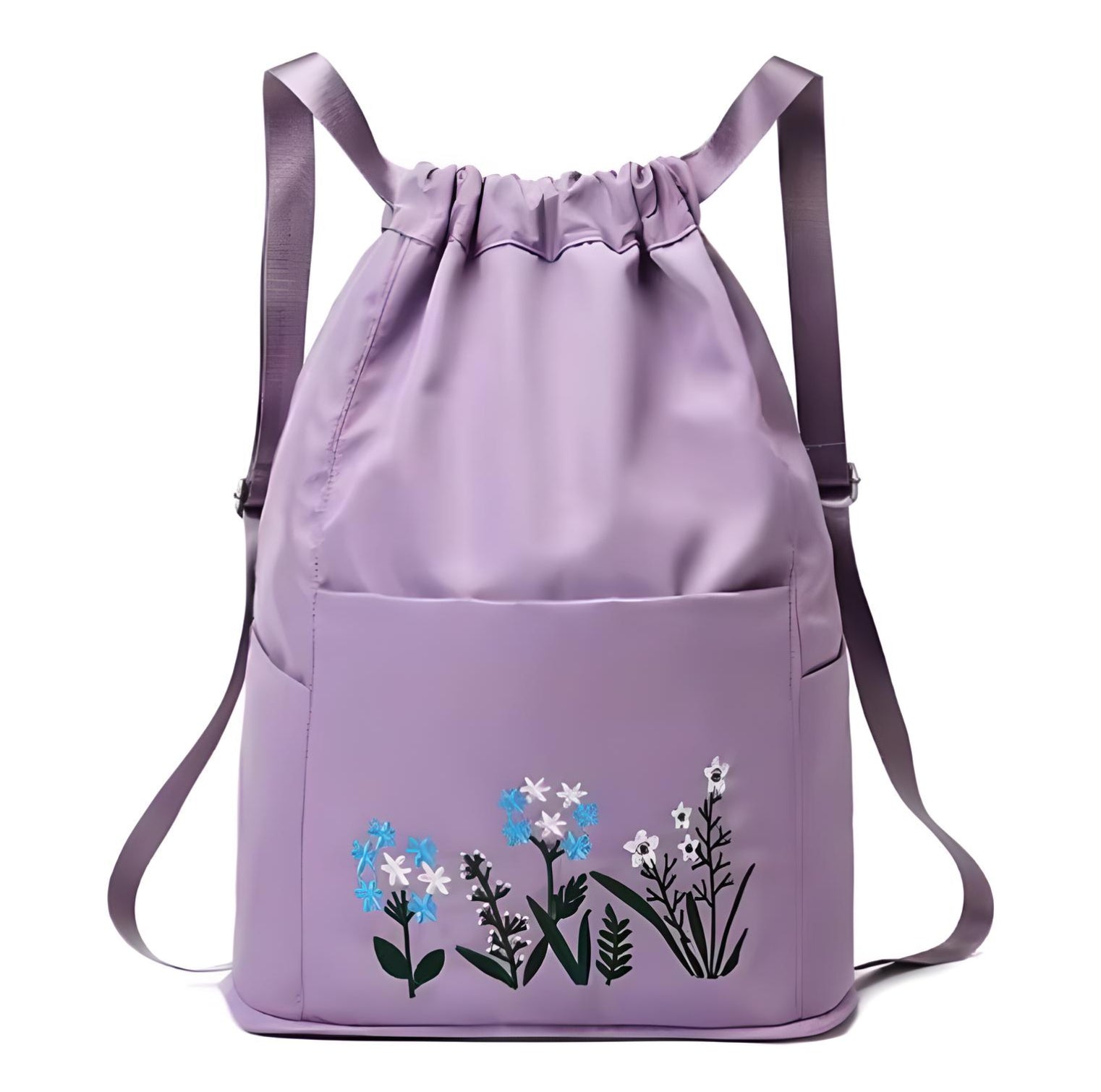 Lila Turnbeutel mit Blumenmuster, Kordelzug, modisch, Freizeit, Damen Rucksack.