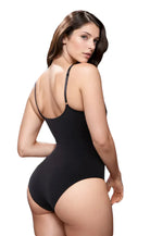 Schwarzer Damen-Body mit verstellbaren Trägern, nahtloser Passform und elegantem Design. Perfekt für Komfort und Stil im Alltag.