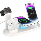 Mehrfach-Ladestation für iPhone, AirPods und Apple Watch, kabellos, weiß, modernes Design.