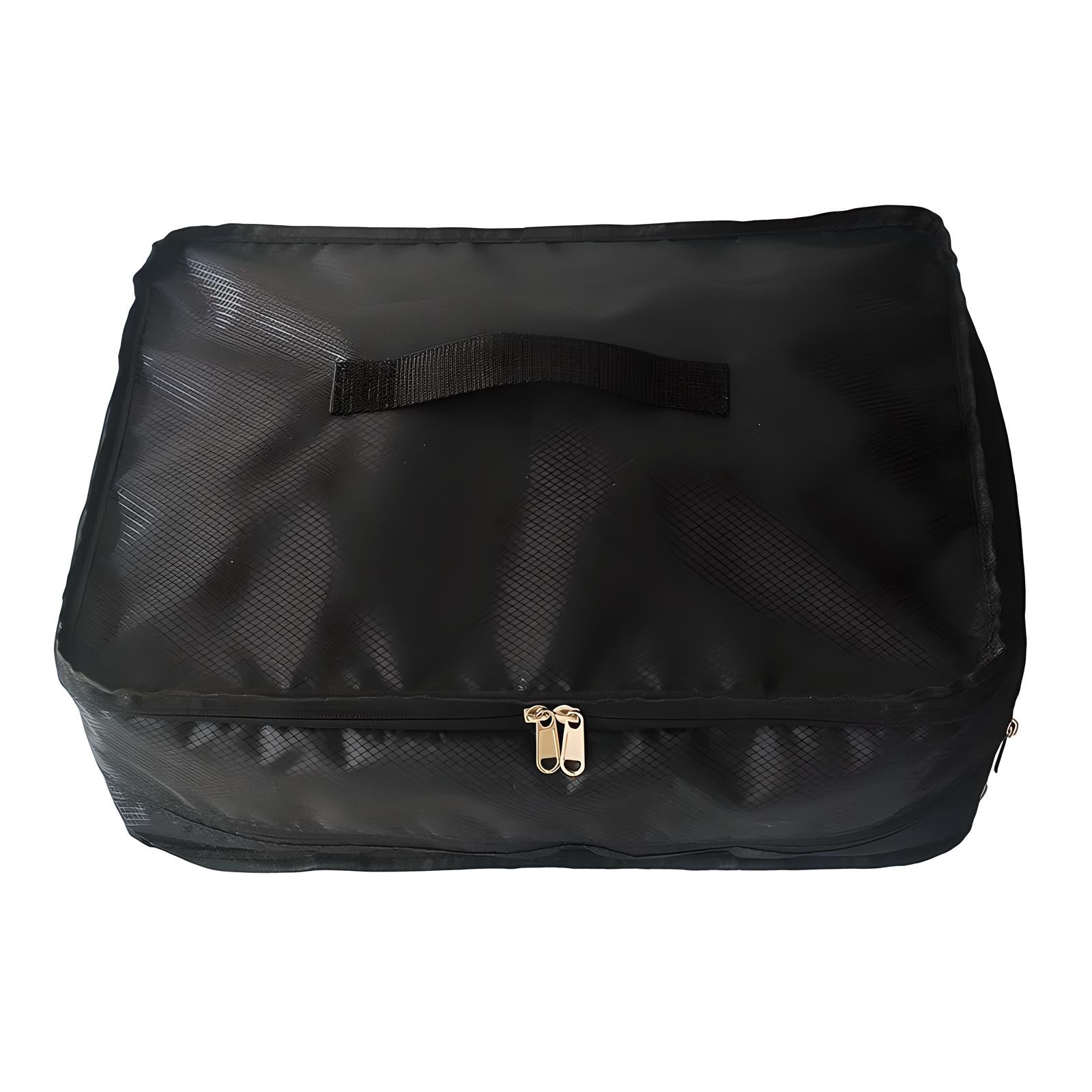 Schwarze Reisetasche mit Reißverschluss, Tragegriff, ideal für Reisen und Aufbewahrung.