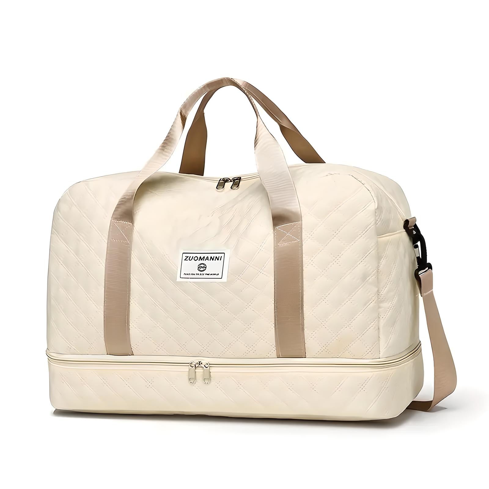 Beige Reisetasche mit Tragegriffen, Reißverschluss, Schultergurt, gestepptem Design, Unisex.