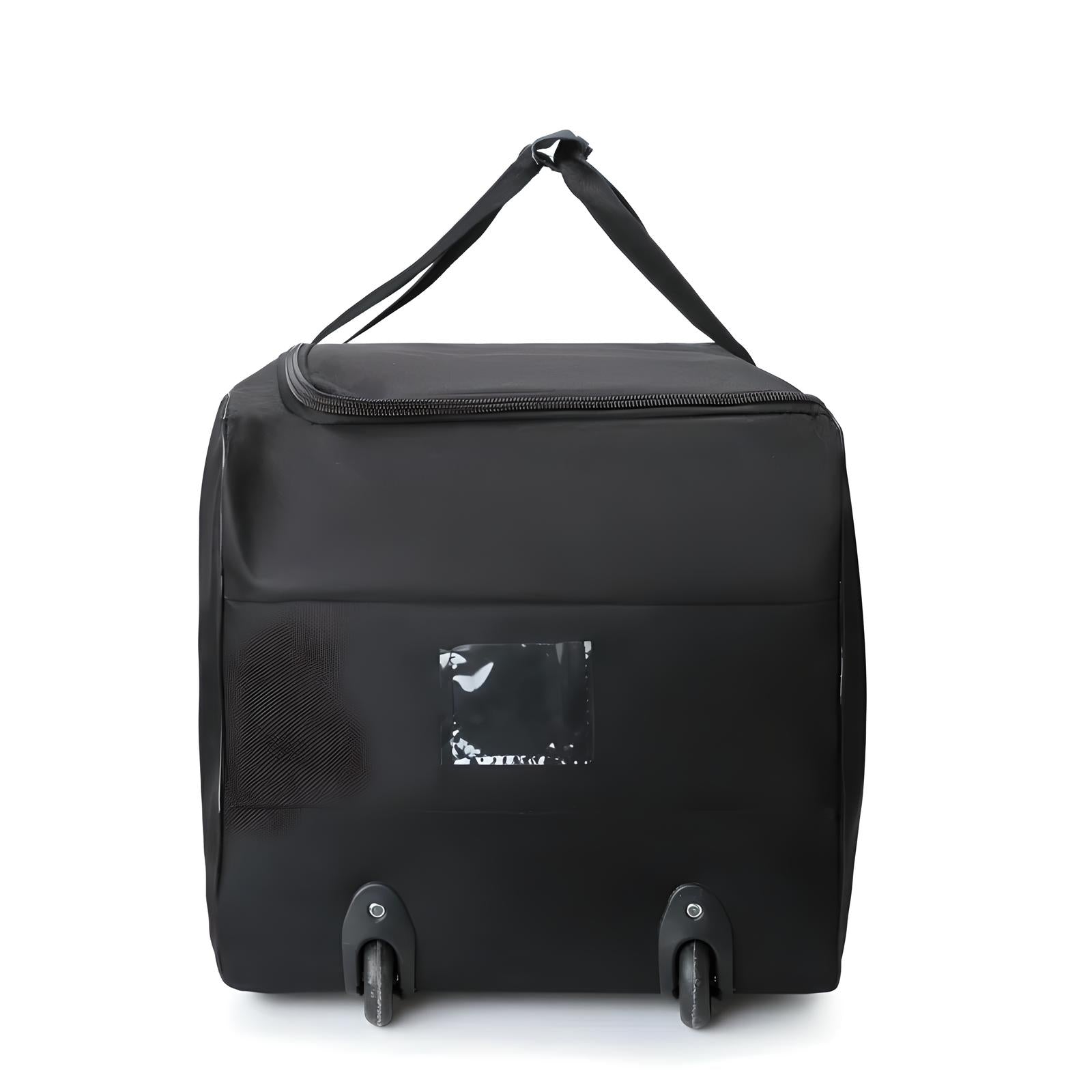 Schwarze Rolltasche mit Griff, ideal für Reisen, strapazierfähiges Material, zwei Räder.