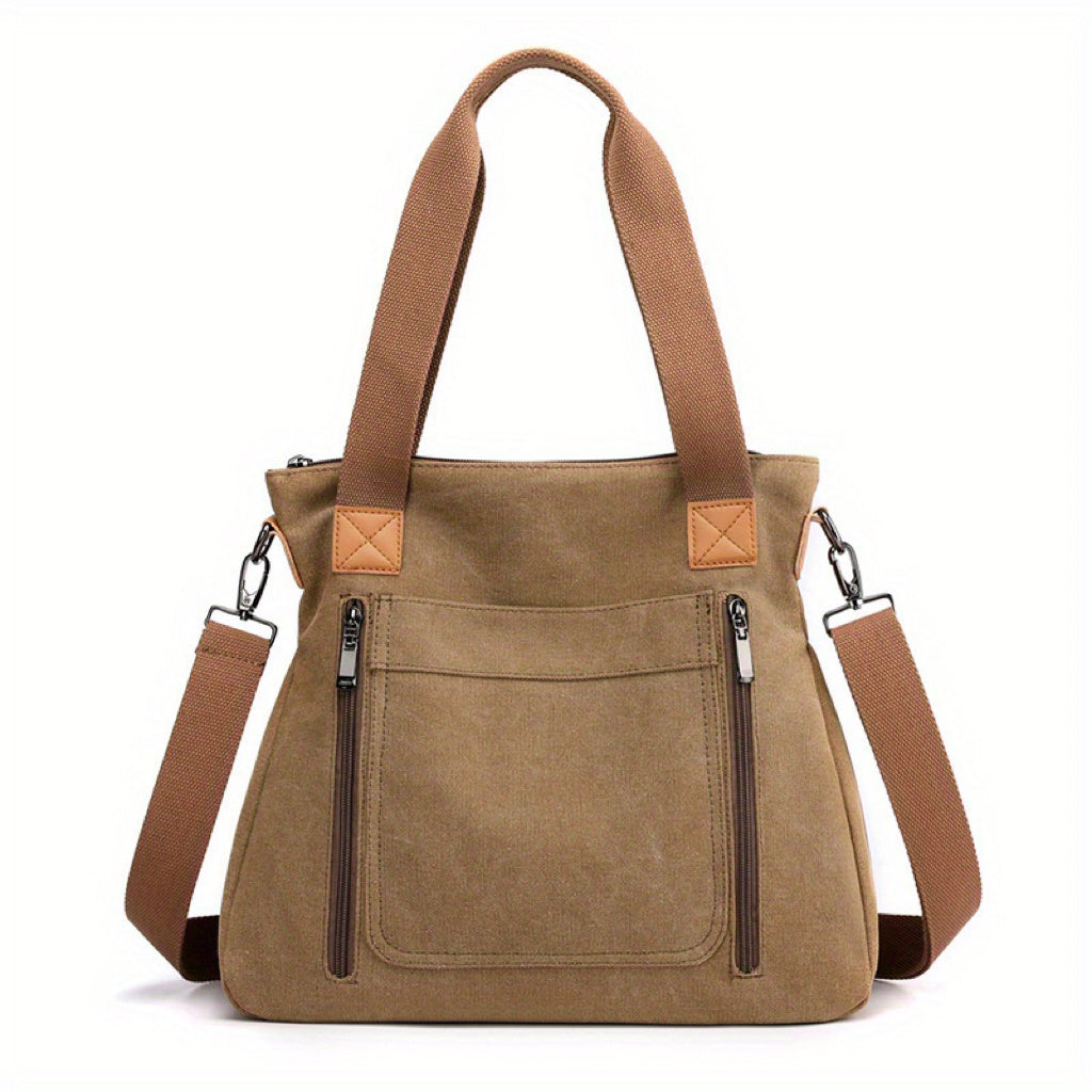 Damen-Canvas-Umhängetasche in Beige mit verstellbarem Schultergurt, Reißverschlusstaschen und robustem Design. Perfekt für Alltag und Reisen.
