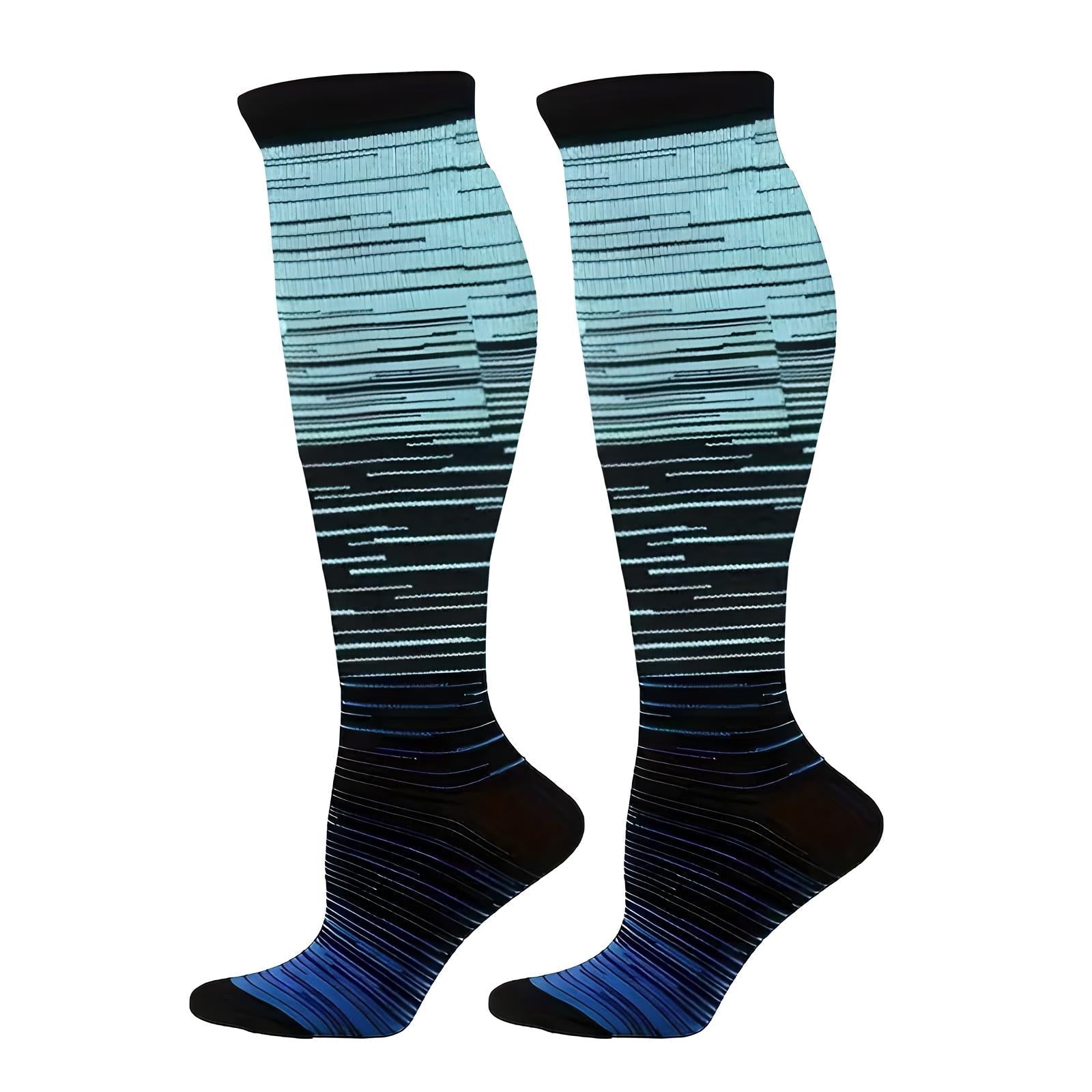 Kniestrümpfe blau-schwarz gestreift, Kompressionsstrümpfe, Unisex, atmungsaktiv, bequem.