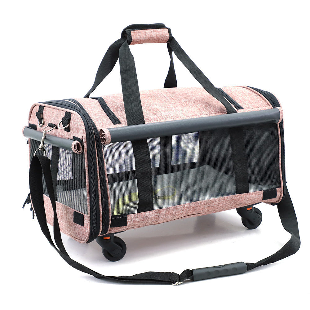 Rosa Haustier-Transporttasche mit Rollen, Netzfenstern und Schultergurt für Katzen und Hunde.