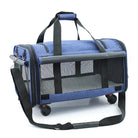 Blaue Haustier-Transporttasche mit Rollen, Netzfenster, verstellbarem Schultergurt.