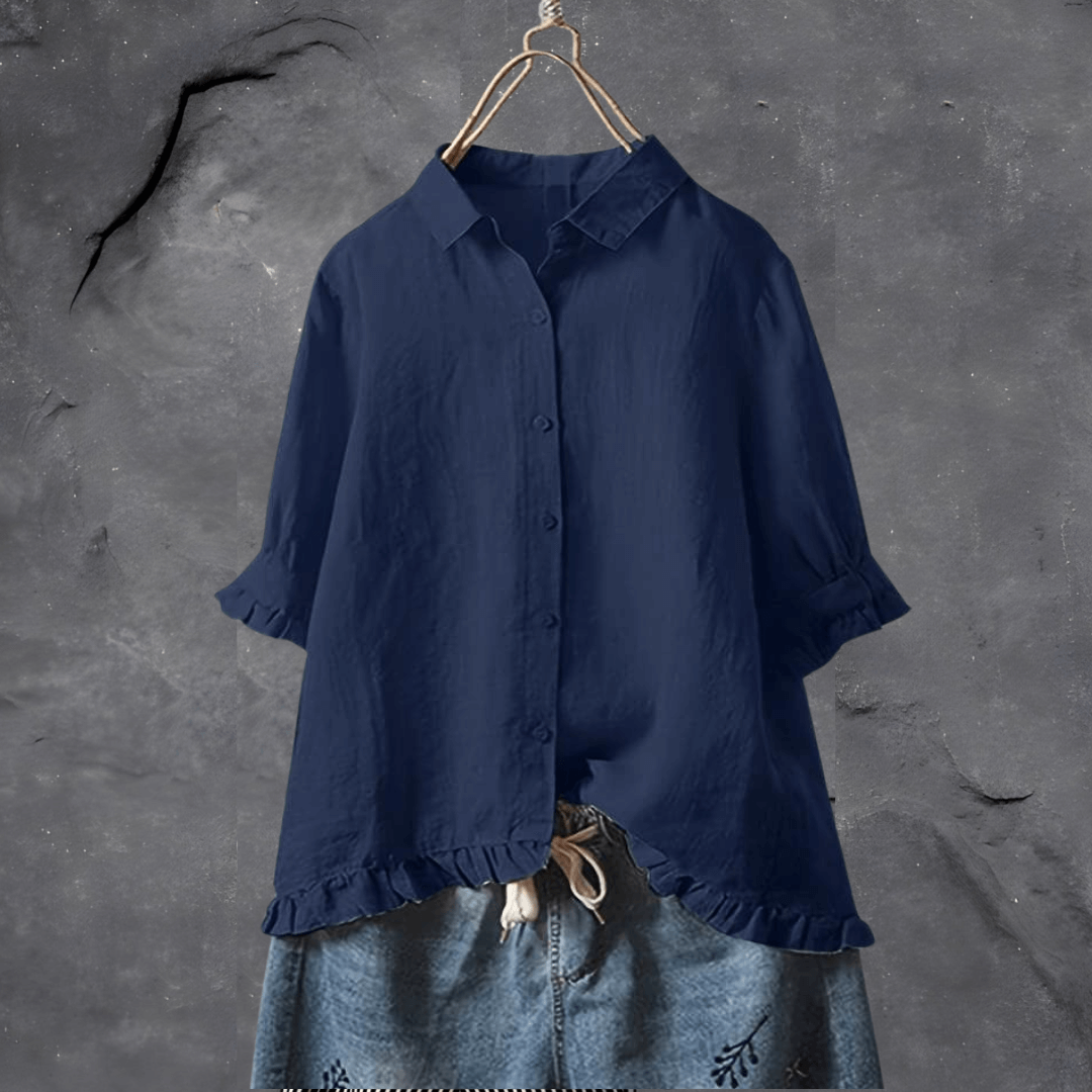 Dunkelblaues Leinenhemd für Damen, langärmelig, mit Rüschen, lässiger Stil.