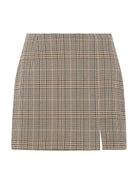 Karierter Minirock mit Schlitz, beige-braun, elegantes Design, ideal für Herbstmode, Damenbekleidung, trendiger Look, hochwertiger Stoff.