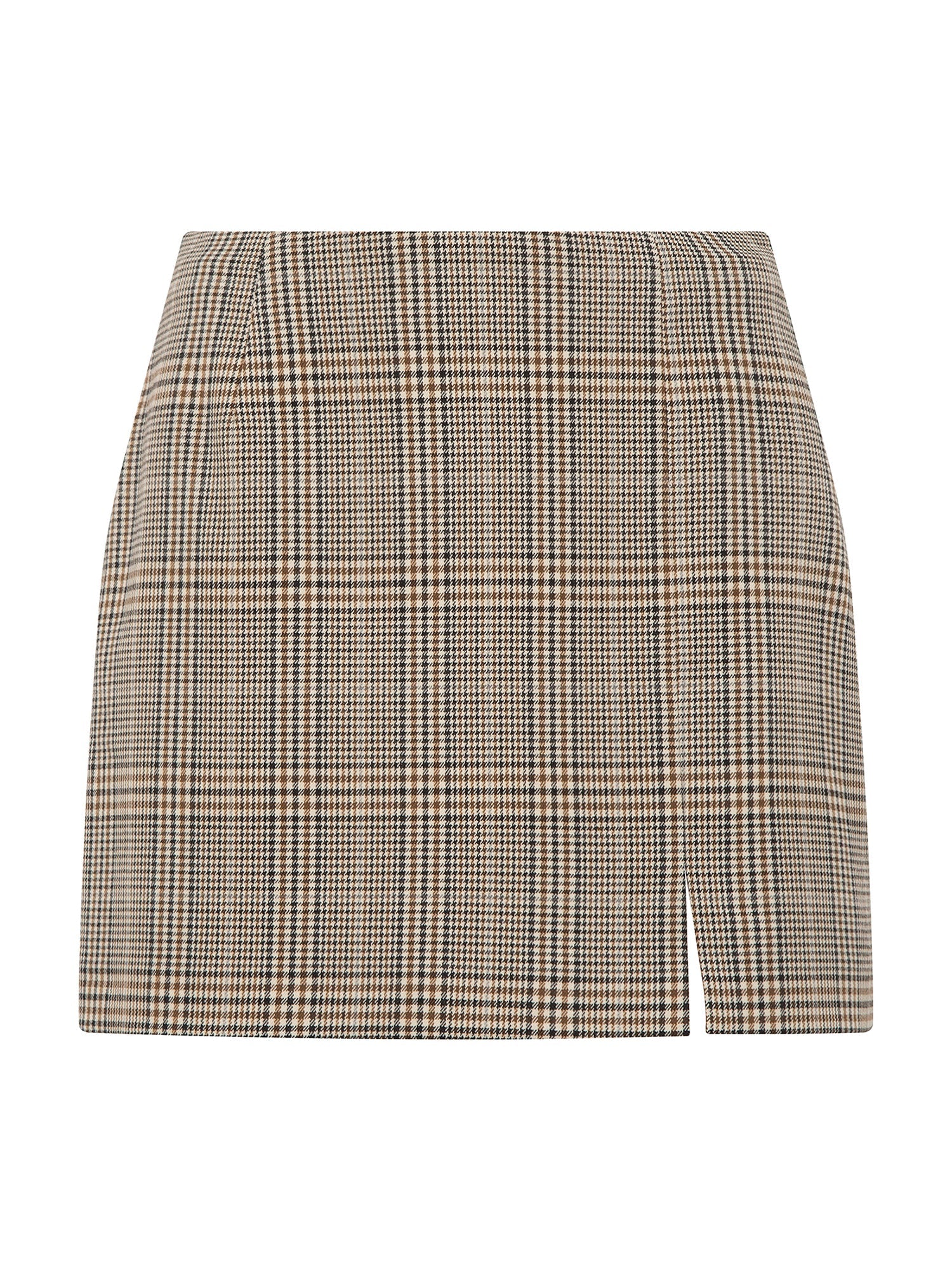Karierter Minirock mit Schlitz, beige-braun, elegantes Design, ideal für Herbstmode, Damenbekleidung, trendiger Look, hochwertiger Stoff.