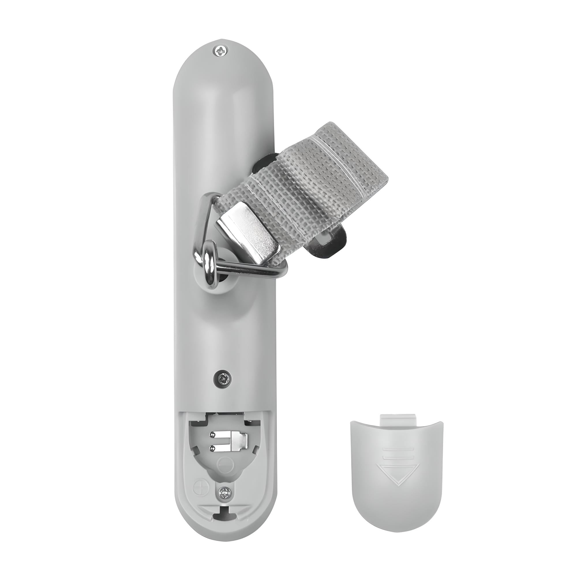 Grauer Kunststoff-Wandhalter mit verstellbarem Riemen, ideal für Haushaltsgeräte.