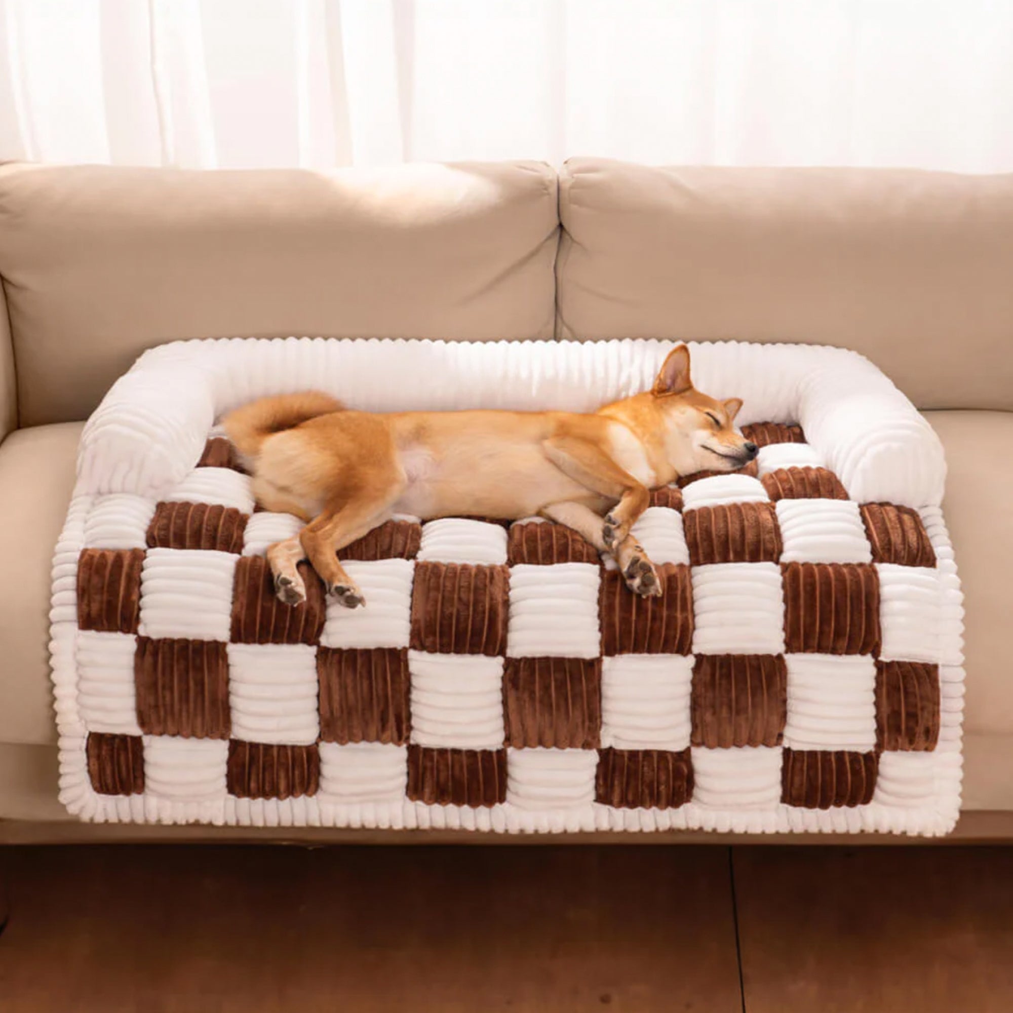 Hundematte kariert creme-braun, gemütlich, Möbel-Schutz, Hundebett, Sofaüberwurf.