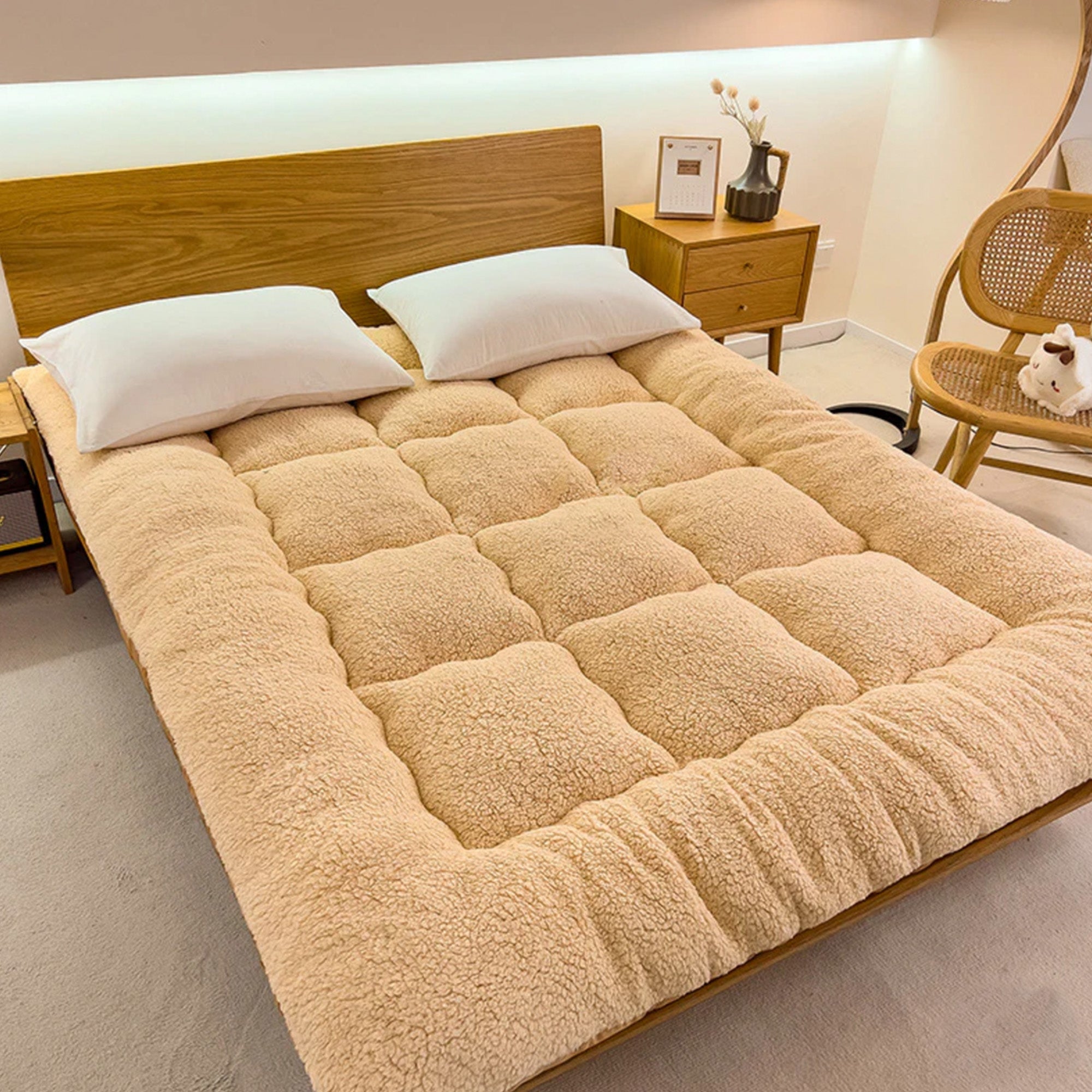 Großer gemütlicher Lammwoll-Matratzenauflage, beige, für Menschen und Haustiere, Schlafzimmer.