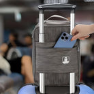 Grauer Handgepäck-Rucksack mit Smartphone-Tasche, ideal für Reisen, modernes Design.