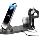 Drahtlose Ladestation für iPhone, AirPods und Apple Watch, schwarz, USB-Anschluss, modernes Design.