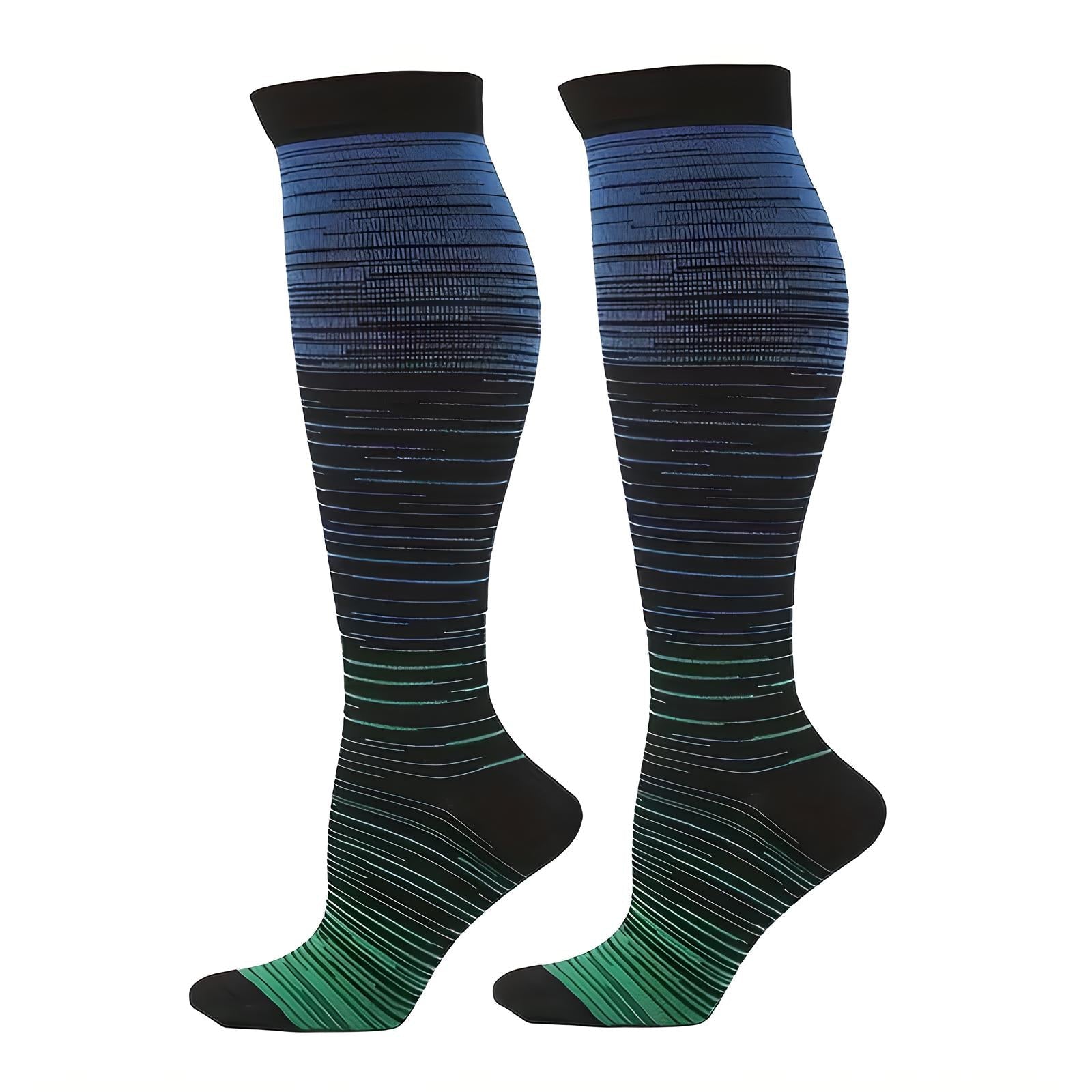 Kniestrümpfe blau-grün gestreift, Damen, Baumwolle, bequem, modisch, hochwertig.
