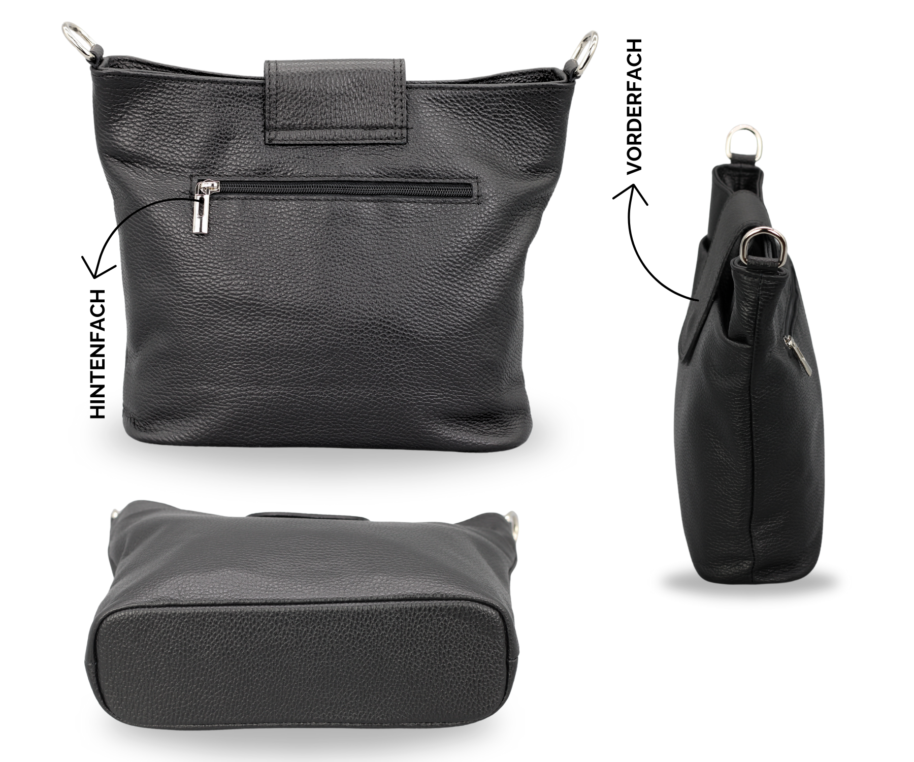 Schwarze Lederhandtasche mit Reißverschluss, Vorder- und Hinterfach. Stilvoll, praktisch, ideal für Damenmode und Accessoires.