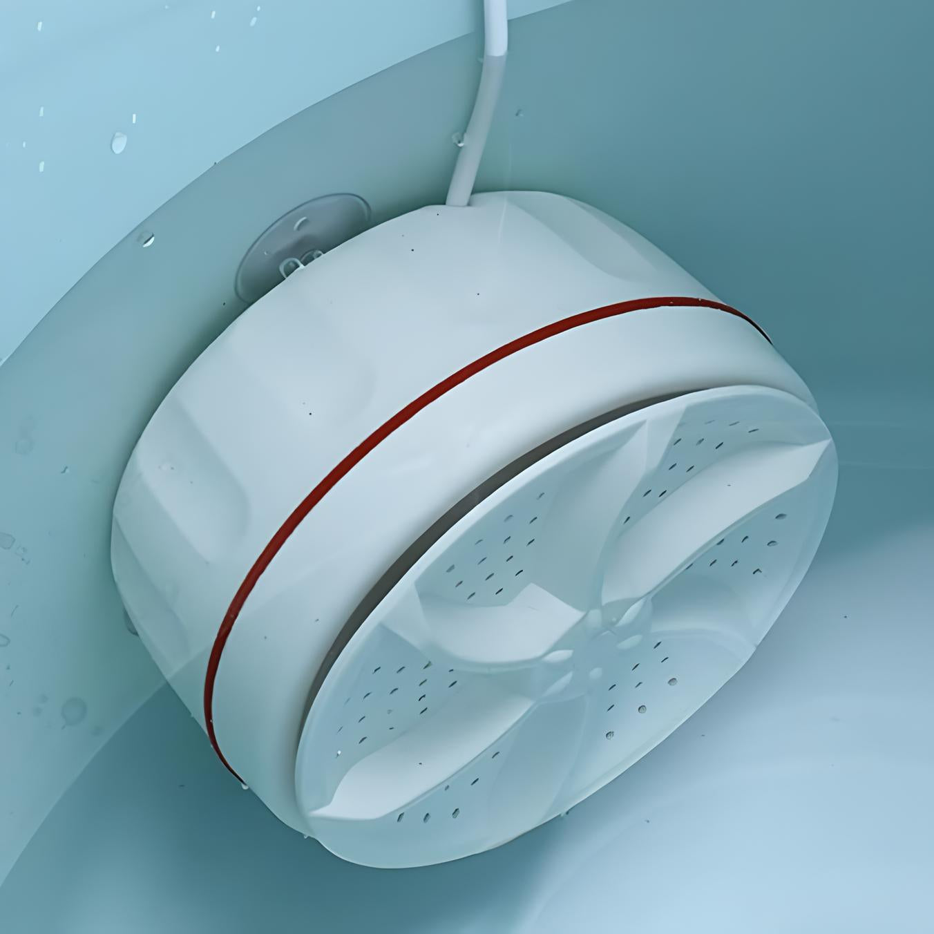 Tragbare Mini-Waschmaschine, weiß, kompakt, ideal für Reisen, energiesparend, effizient.