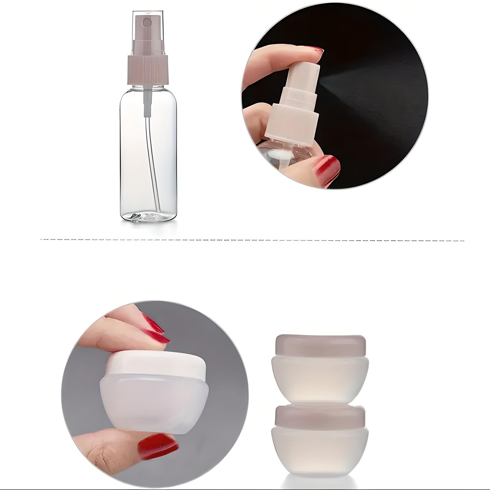 Transparente Sprühflasche und weiße Cremedosen, ideal für Reisen, Kosmetikaufbewahrung.