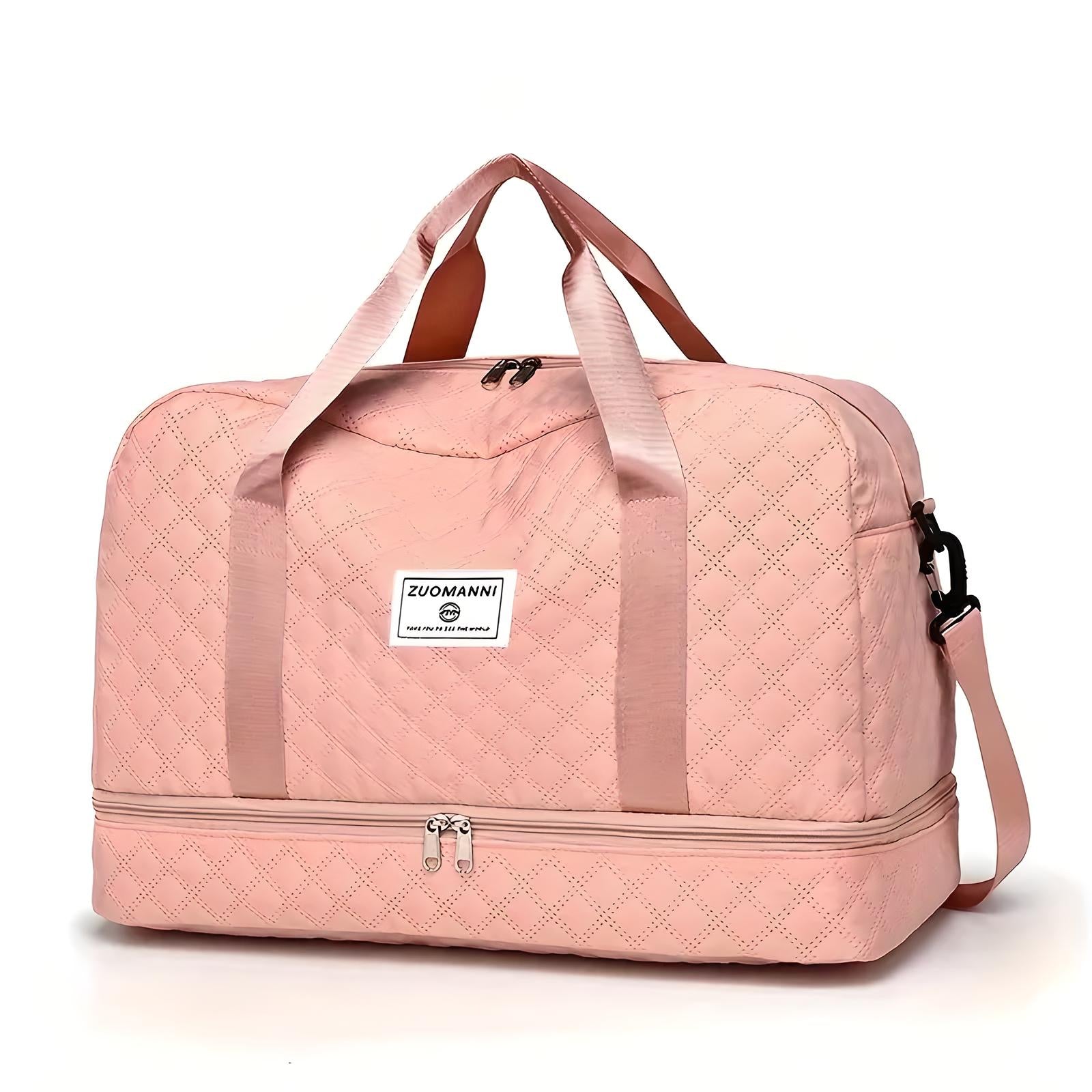 Rosa Reisetasche mit Tragegriffen, Reißverschluss, gestepptem Design, ideal für Reisen.