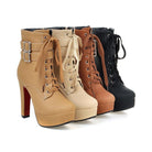 Damen Stiefeletten mit hohem Absatz, Schnürung und Schnallen, in Beige, Braun und Schwarz. Modische Herbstschuhe, ideal für trendige Outfits.