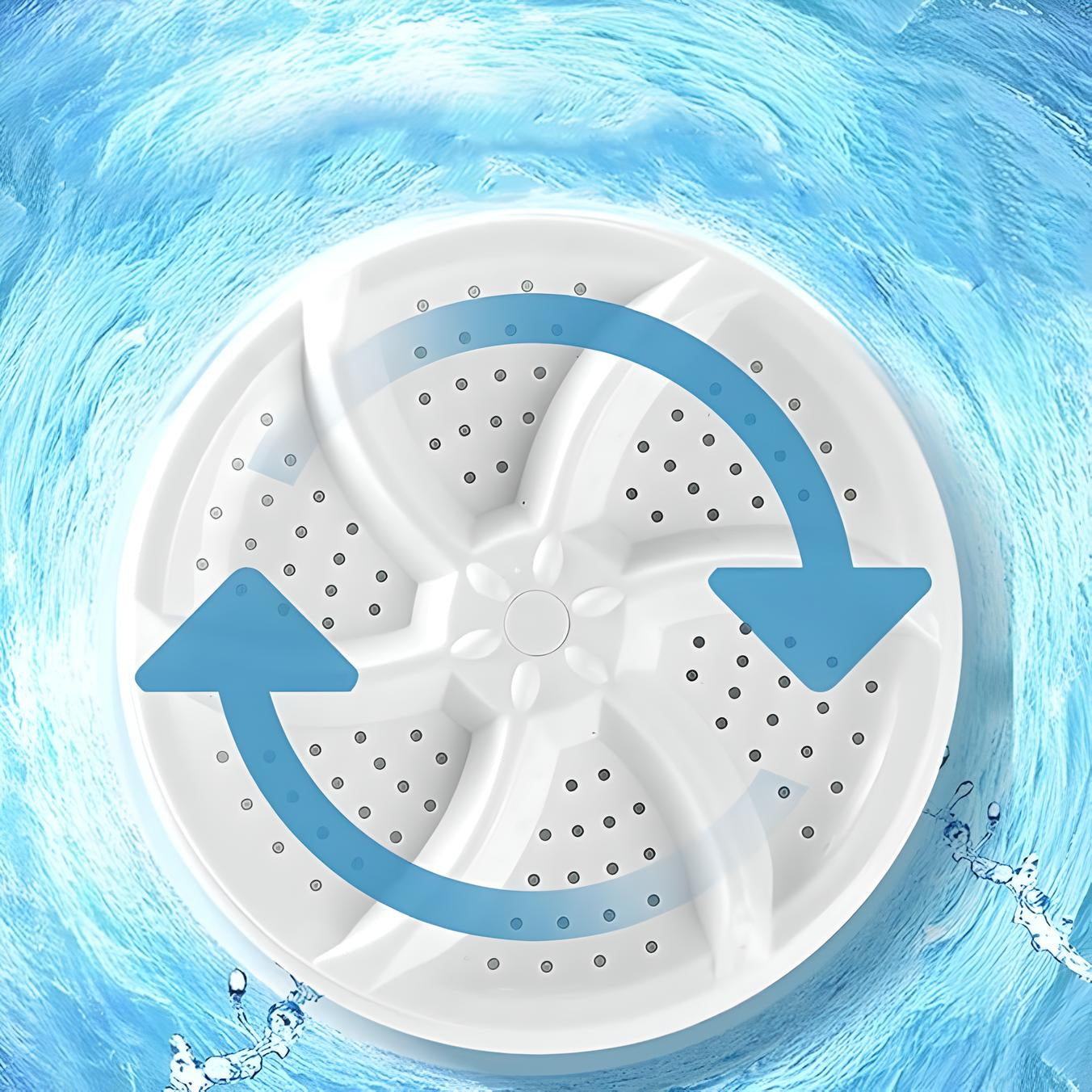 Weiße Waschmaschinentrommel mit blauen Pfeilen, Wasserwirbel, Reinigung, Energieeffizienz.
