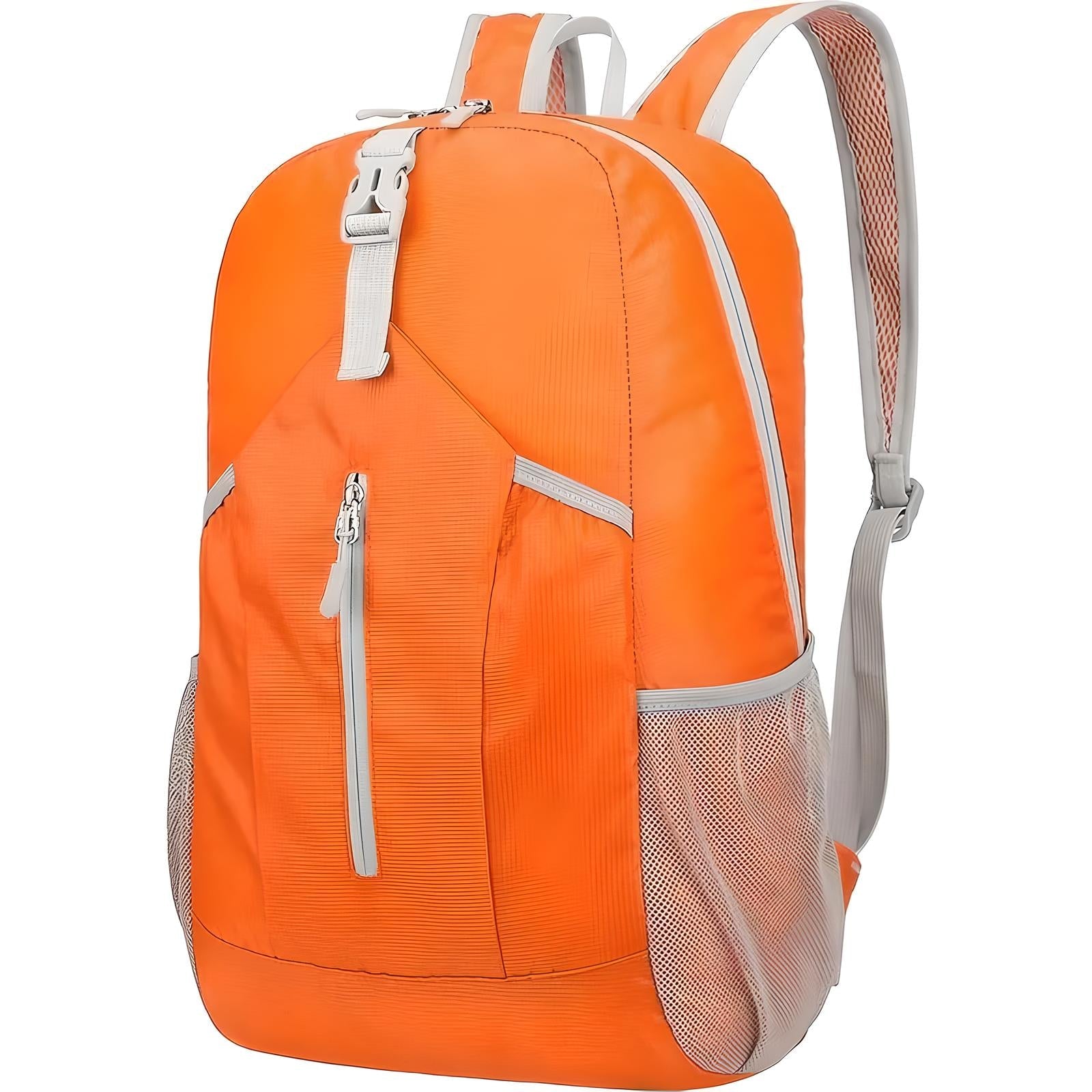 Orangefarbener Rucksack, leicht, mit Reißverschlusstaschen, ideal für Reisen und Outdoor-Aktivitäten.