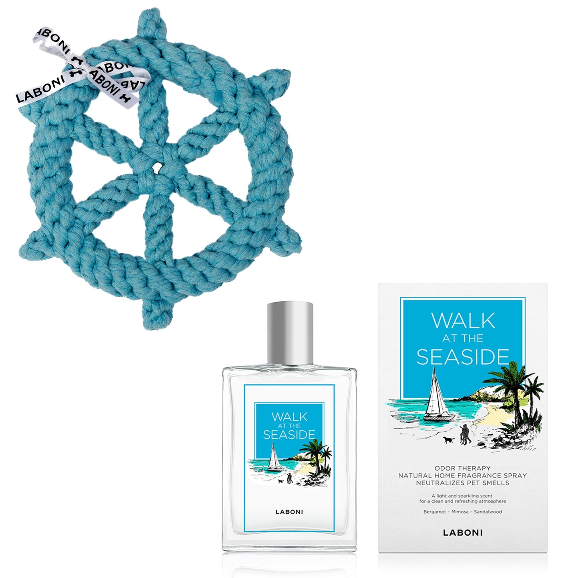 Blaues Seilspielzeug in Form eines Steuerrads und Duftspray "Walk at the Seaside" von Laboni.