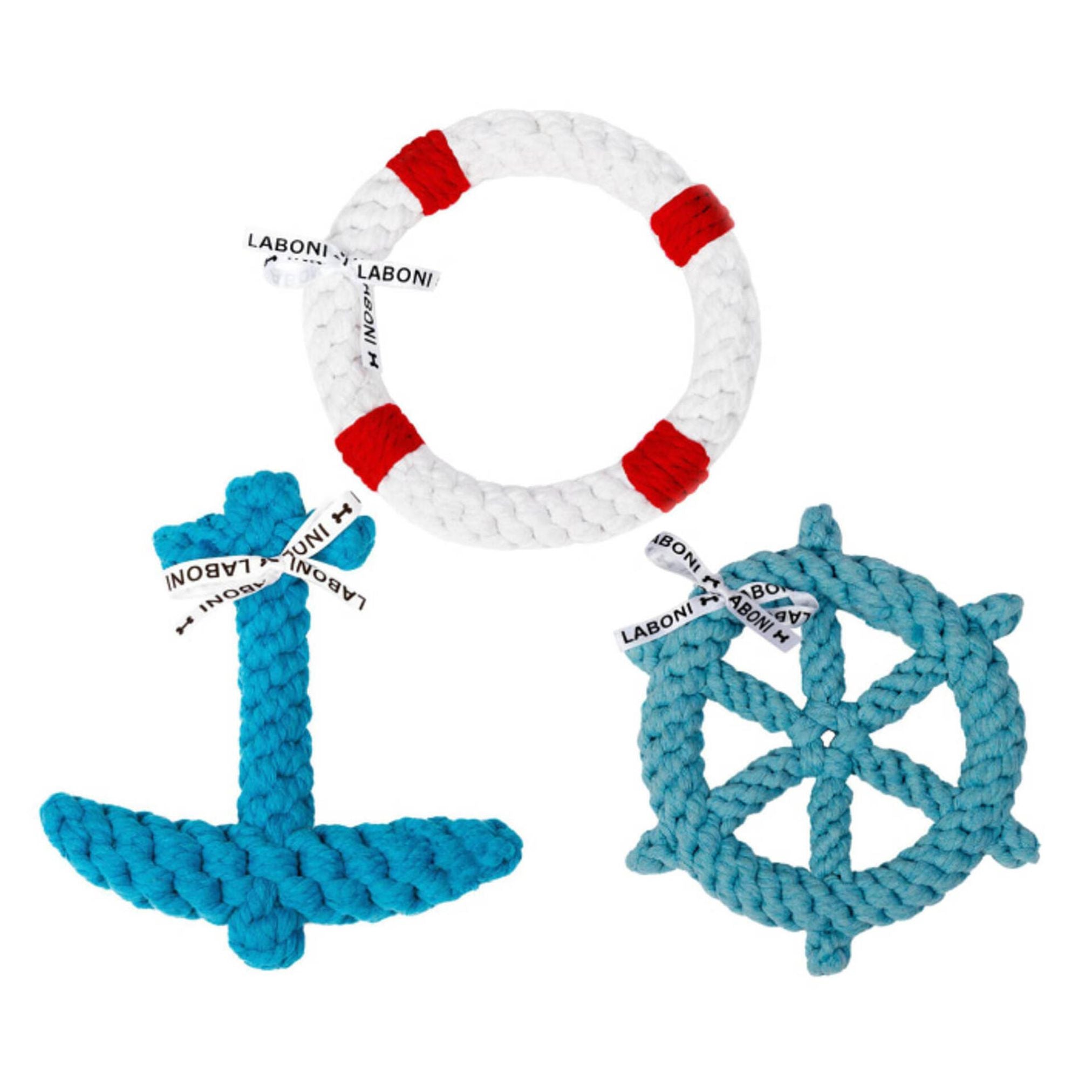 Set aus drei maritimen Hundespielzeugen, Anker, Rettungsring, Steuerrad, aus Seil, blau und weiß.