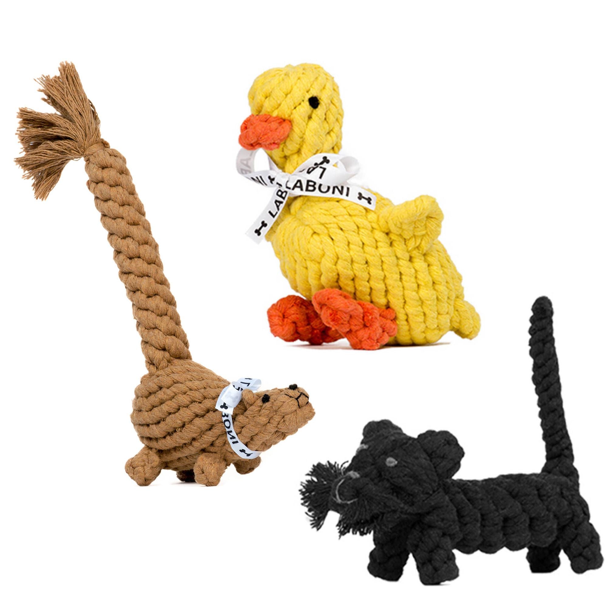 Drei bunte Hundespielzeuge aus Seil: Ente, Katze, Dinosaurier. Robust und langlebig.