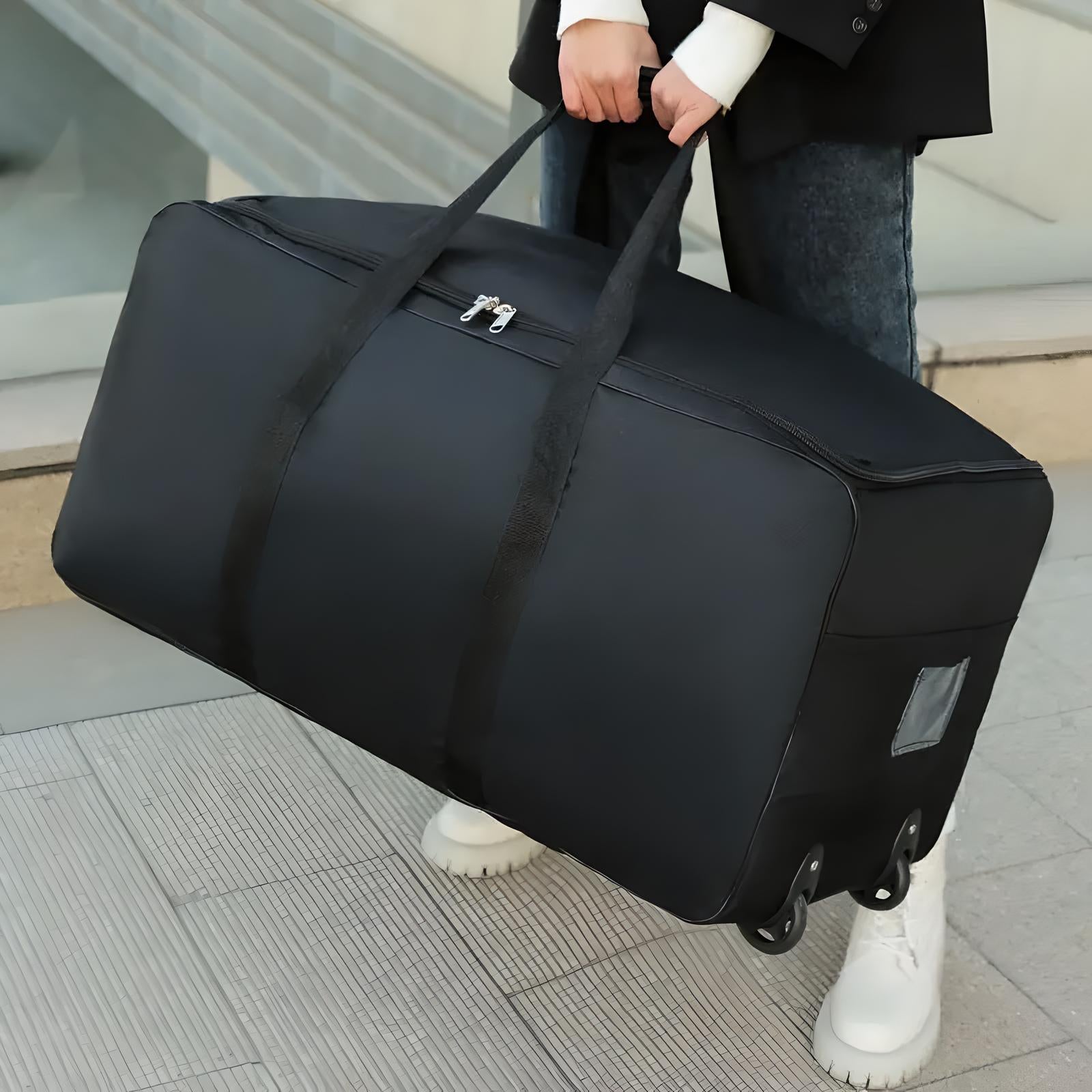 Schwarze Reisetasche mit Rollen, große Kapazität, robuste Griffe, ideal für Reisen.