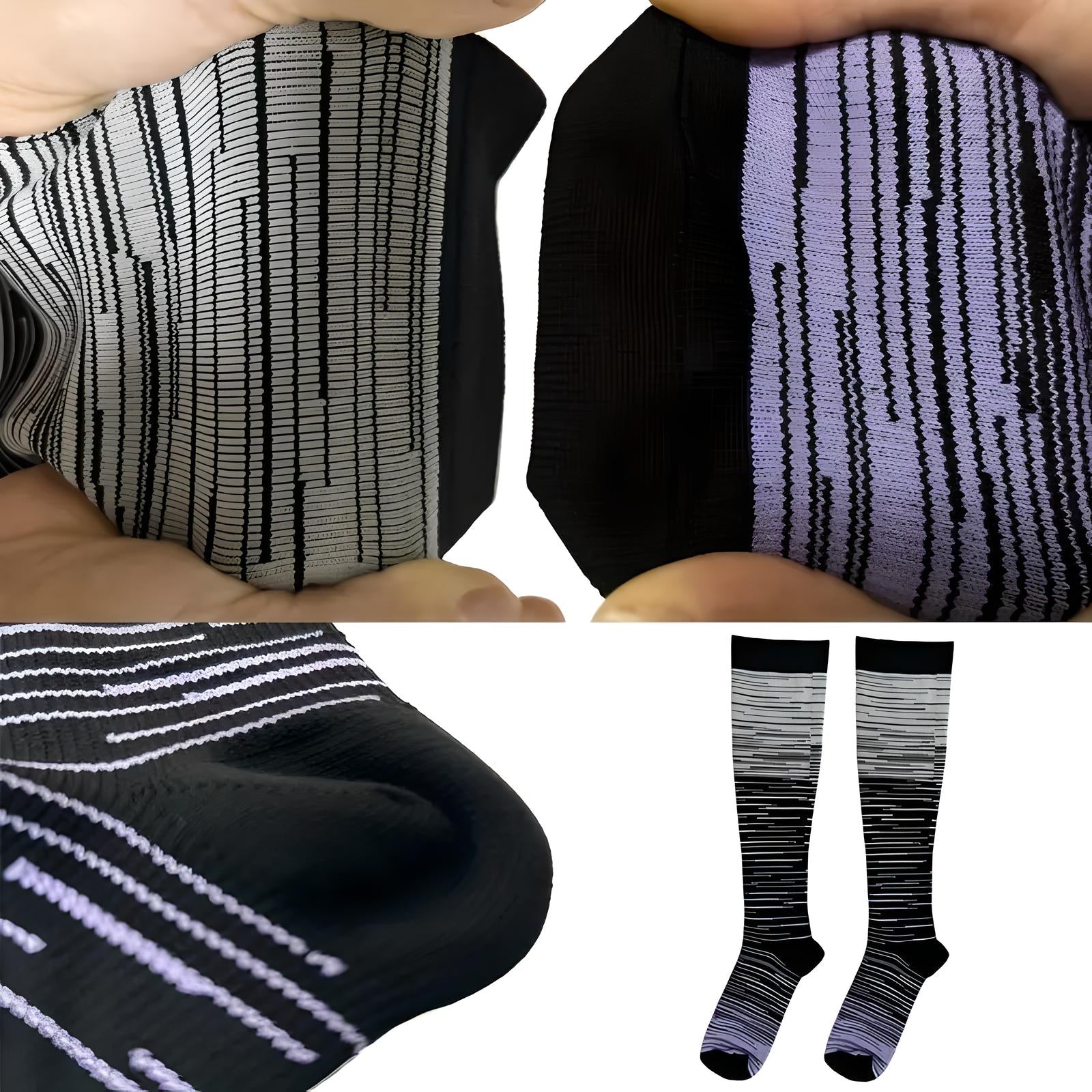 Schwarze Kompressionsstrümpfe mit lila und weißen Streifen, ideal für Sport und Reisen.