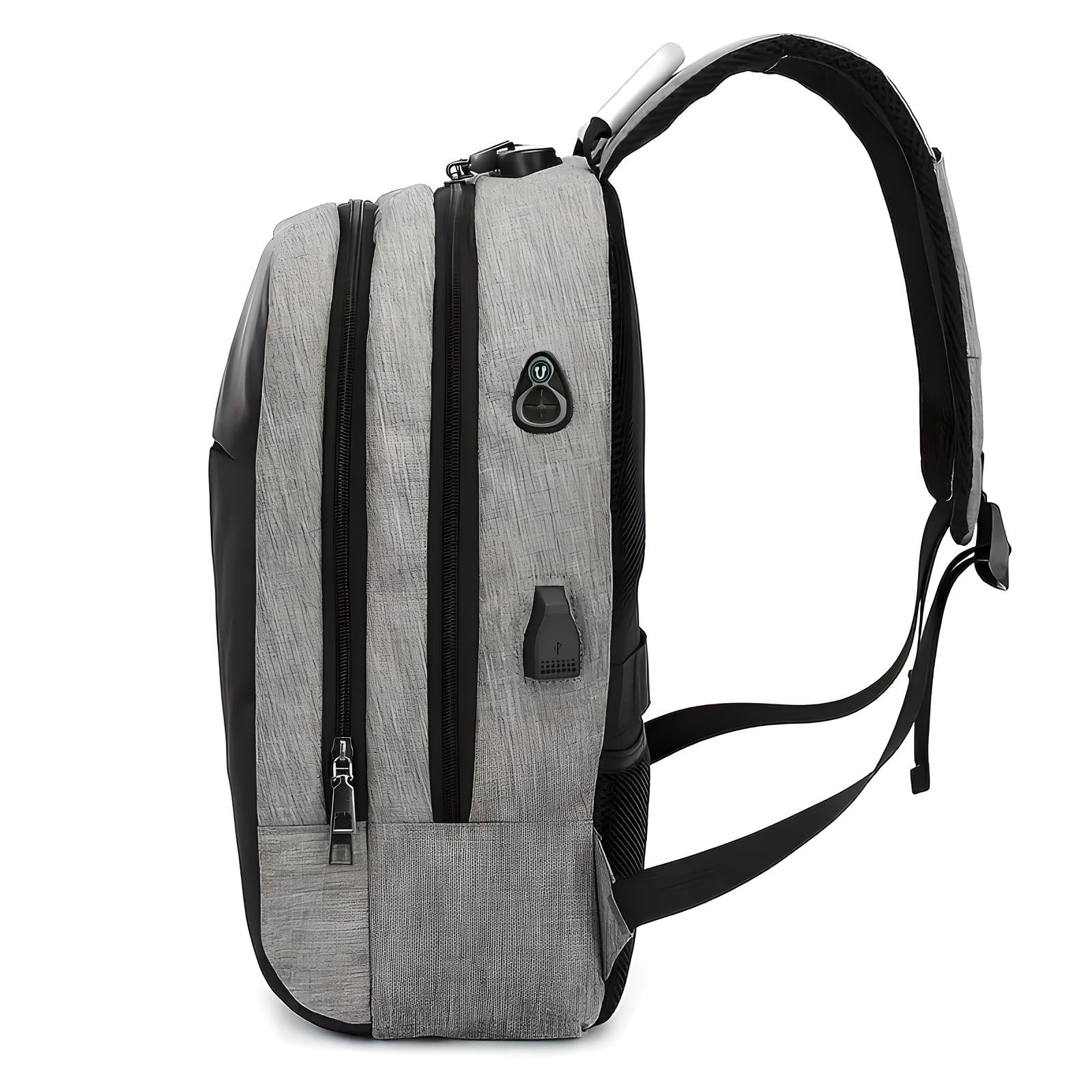 Grauer Laptop-Rucksack mit USB-Anschluss, wasserabweisend, seitliche Reißverschlusstasche.