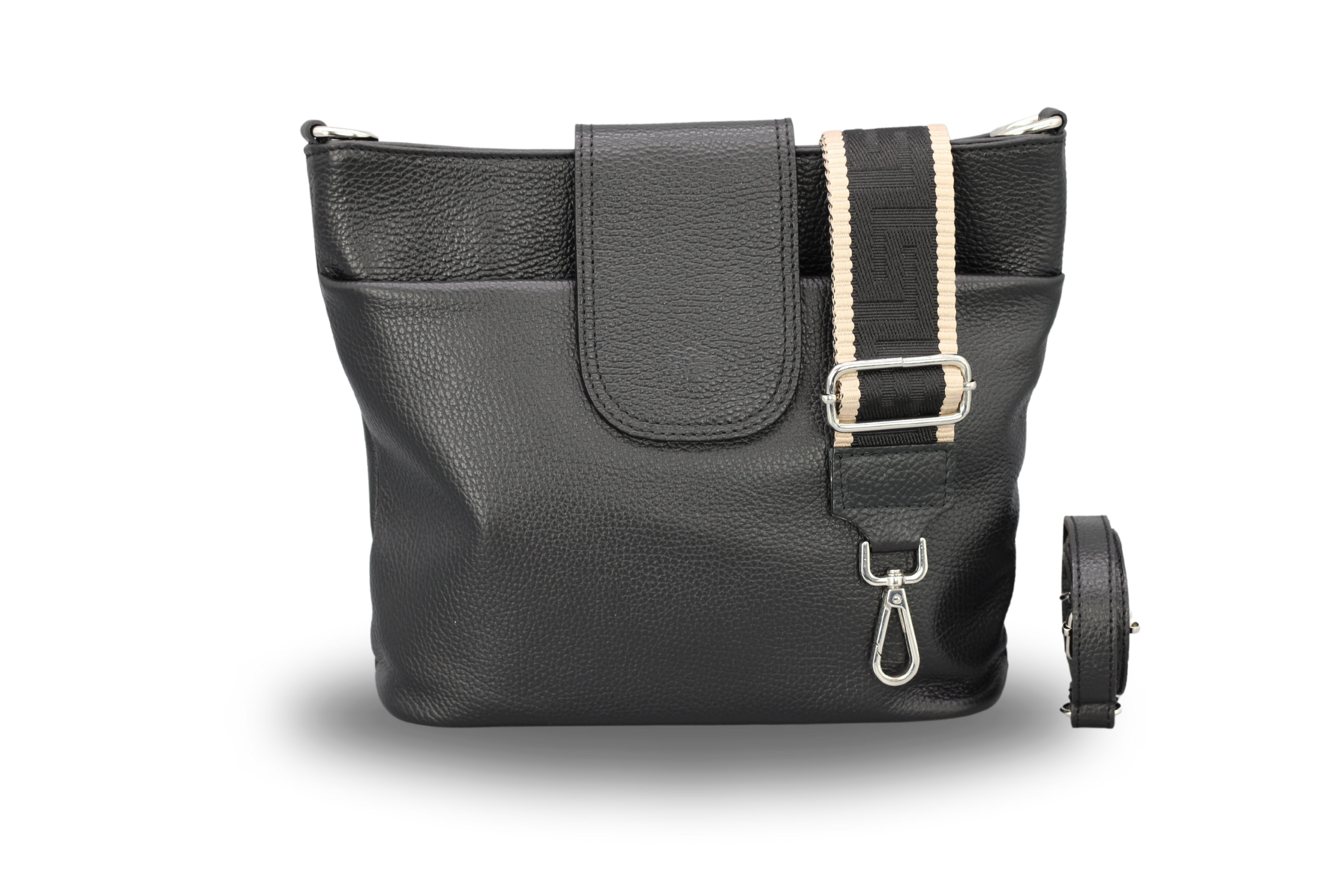 Schwarze Lederhandtasche mit verstellbarem Schultergurt, elegantem Design und robustem Verschluss. Perfekt für Damenmode und Accessoires.